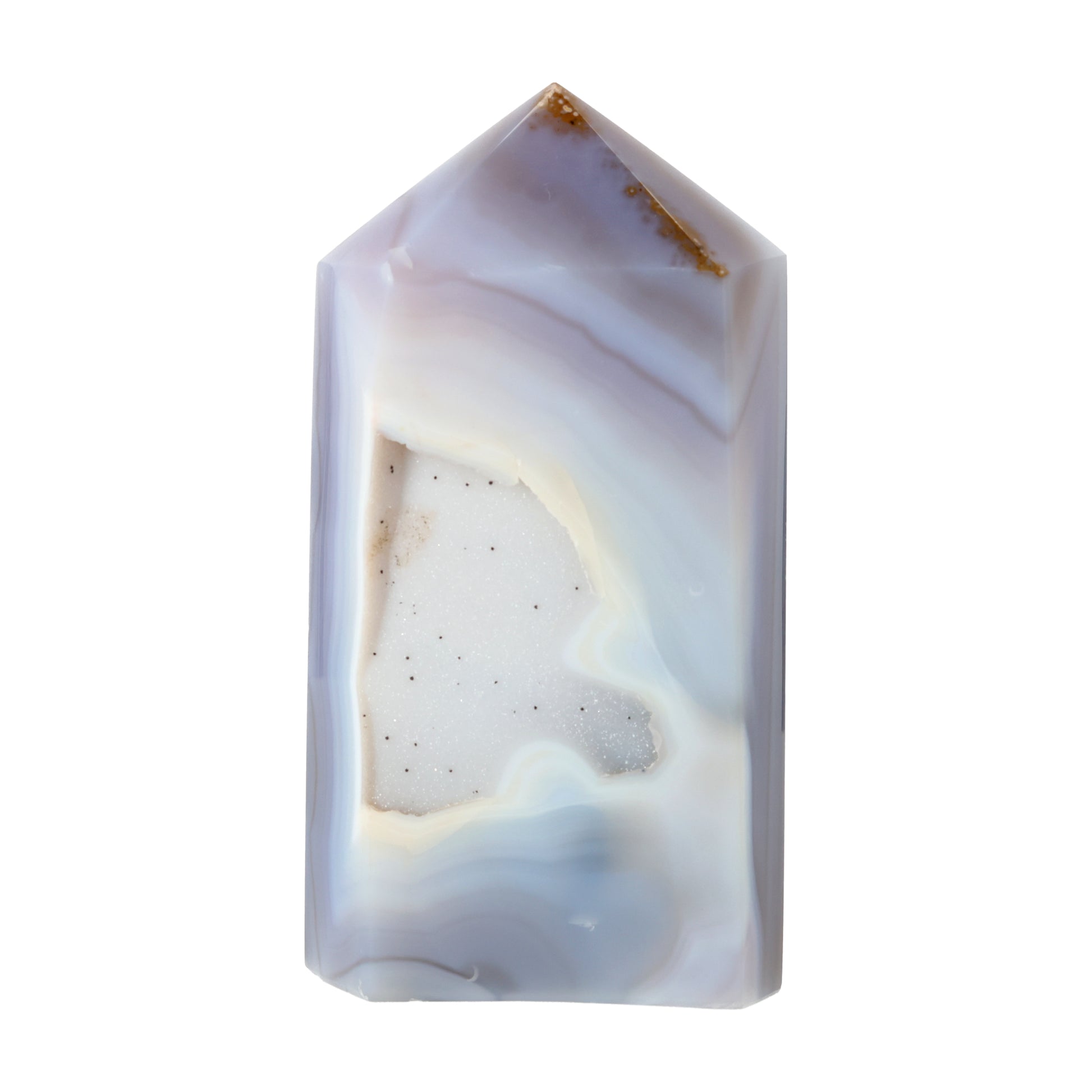 Blue Water Achat Obelisk aus Brasilien mit blauer Chalcedon-Bänderung und offener Drusenstruktur, 20 cm hoch, großes poliertes Einzelstück mit Geodenstruktur