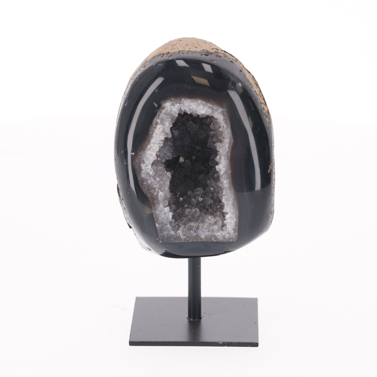 Achat-Geode mit dunkler Kristallöffnung auf Metallständer (#1518)