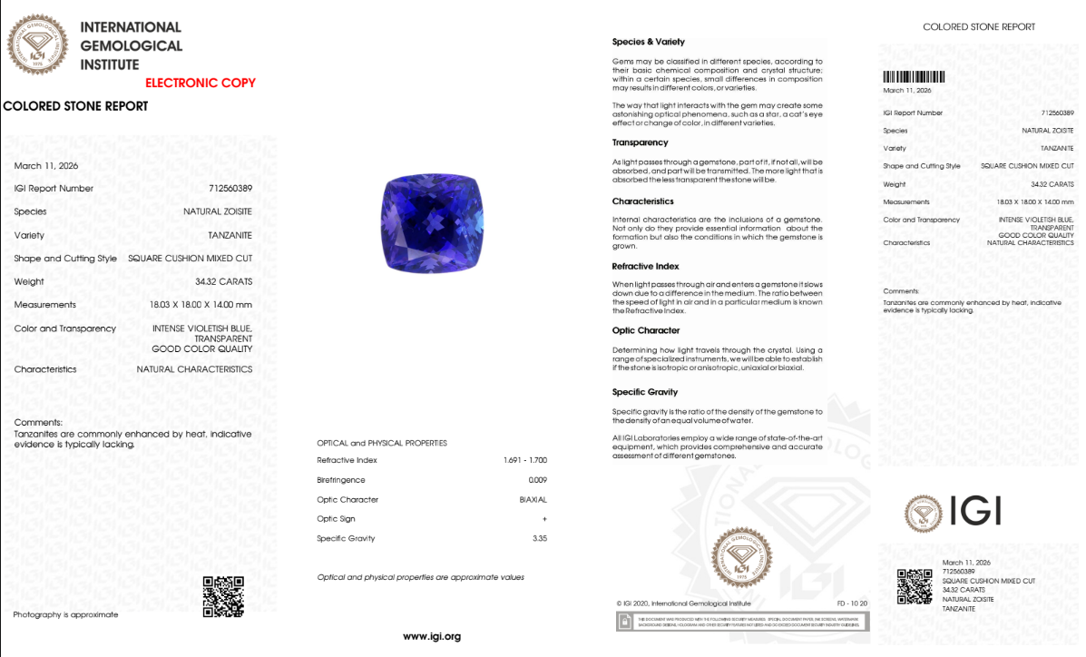 Tansanit "Celestial Empire" 34,32 ct - Intense Violetish Blue - IGI Certified