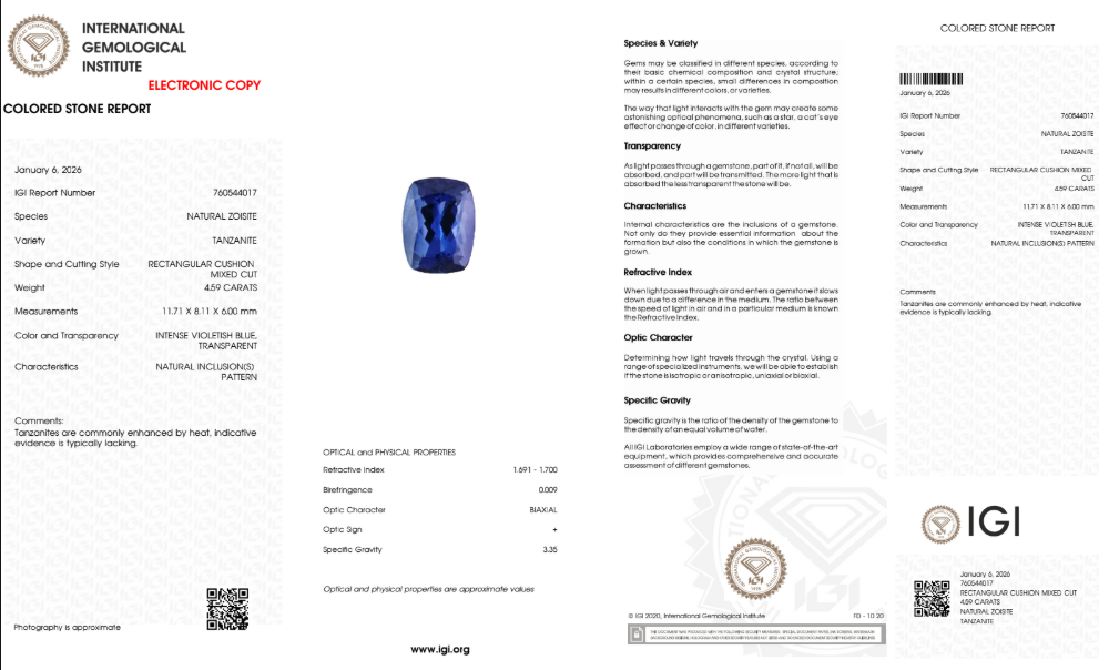 Tanzanite "Blue Velvet" 4.59 ct - Intense Violetish Blue - IGI Certified