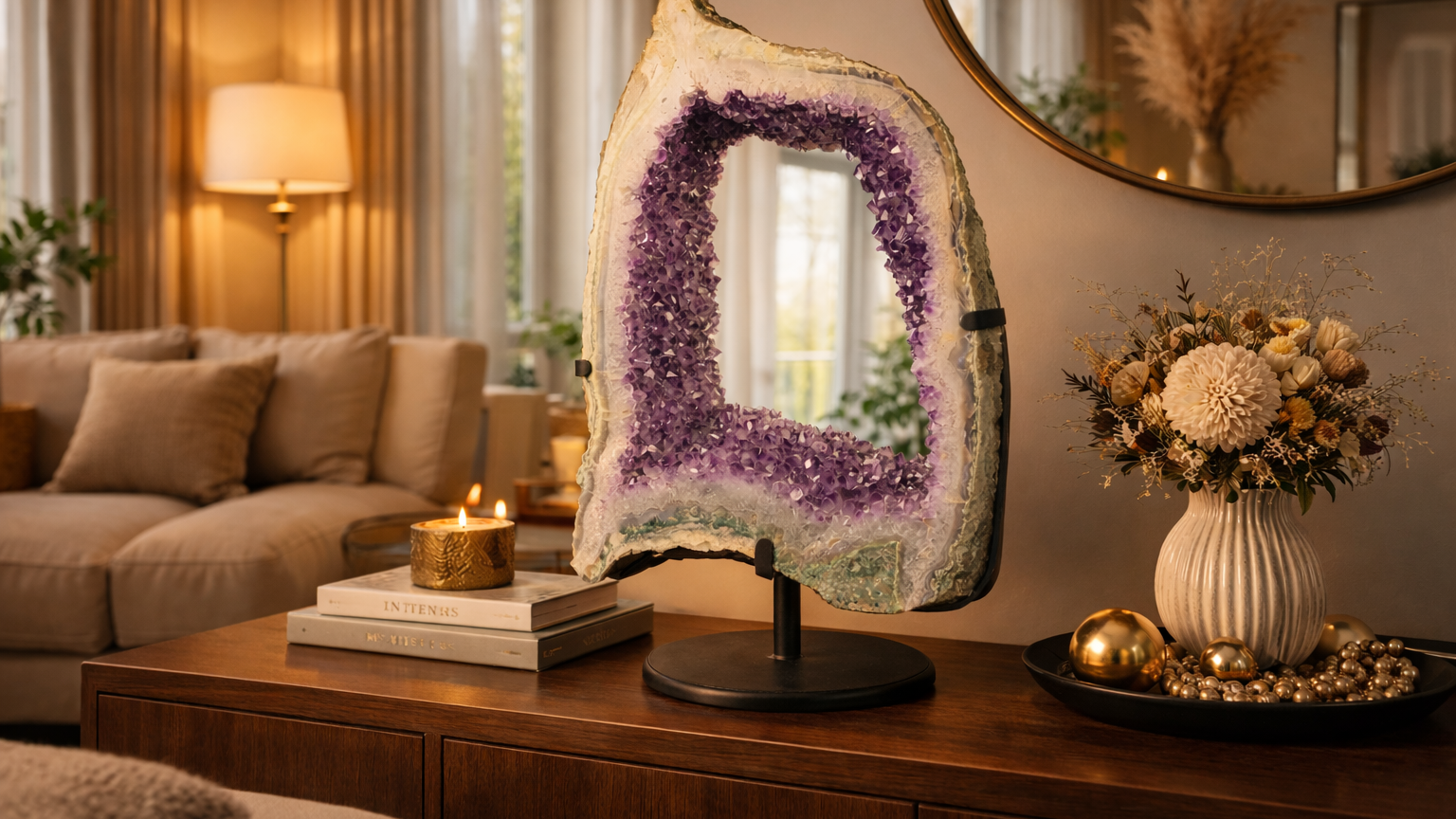 Amethystspiegel auf Sideboard