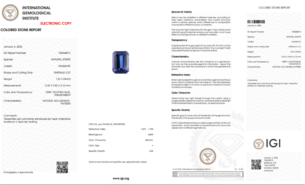 Tansanit "Imperial Blue" 7,30 ct – Deep Violetish Blue – IGI Certified