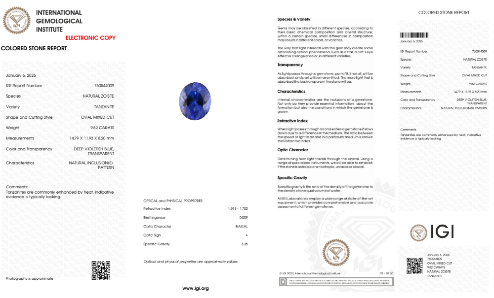 Tanzanite "Blue Ember" 9.52 ct - Deep Violetish Blue - IGI Certified