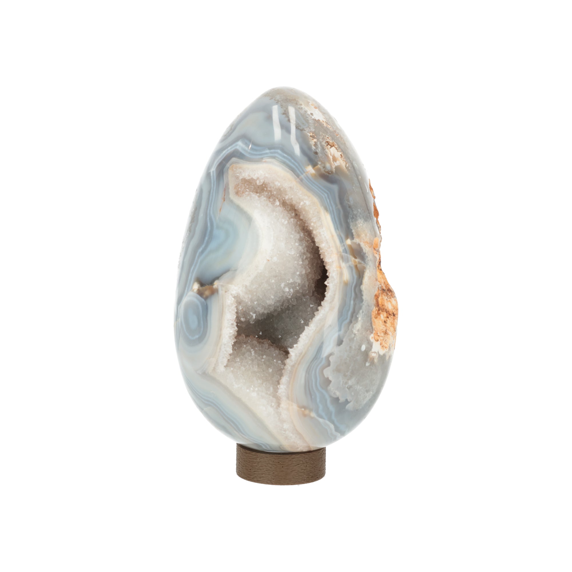 Achat-Ei „Eisblauer Kristallbogen“ – Außergewöhnliches Naturkunstwerk mit großer Drusenkammer (#468)