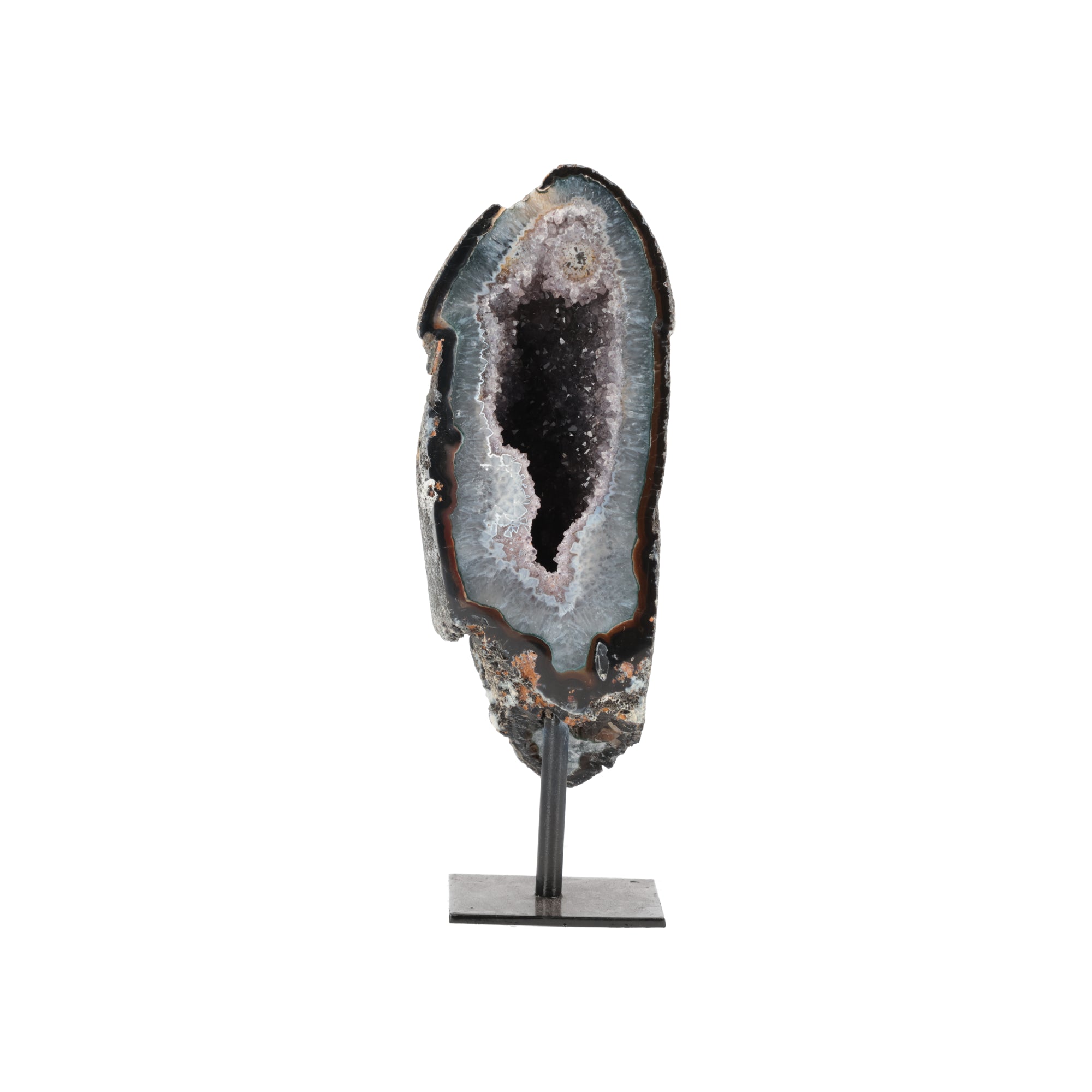 Achat-Geode „Schattenportal“ – Natürliche Kristallgeode auf Metallständer (#446)