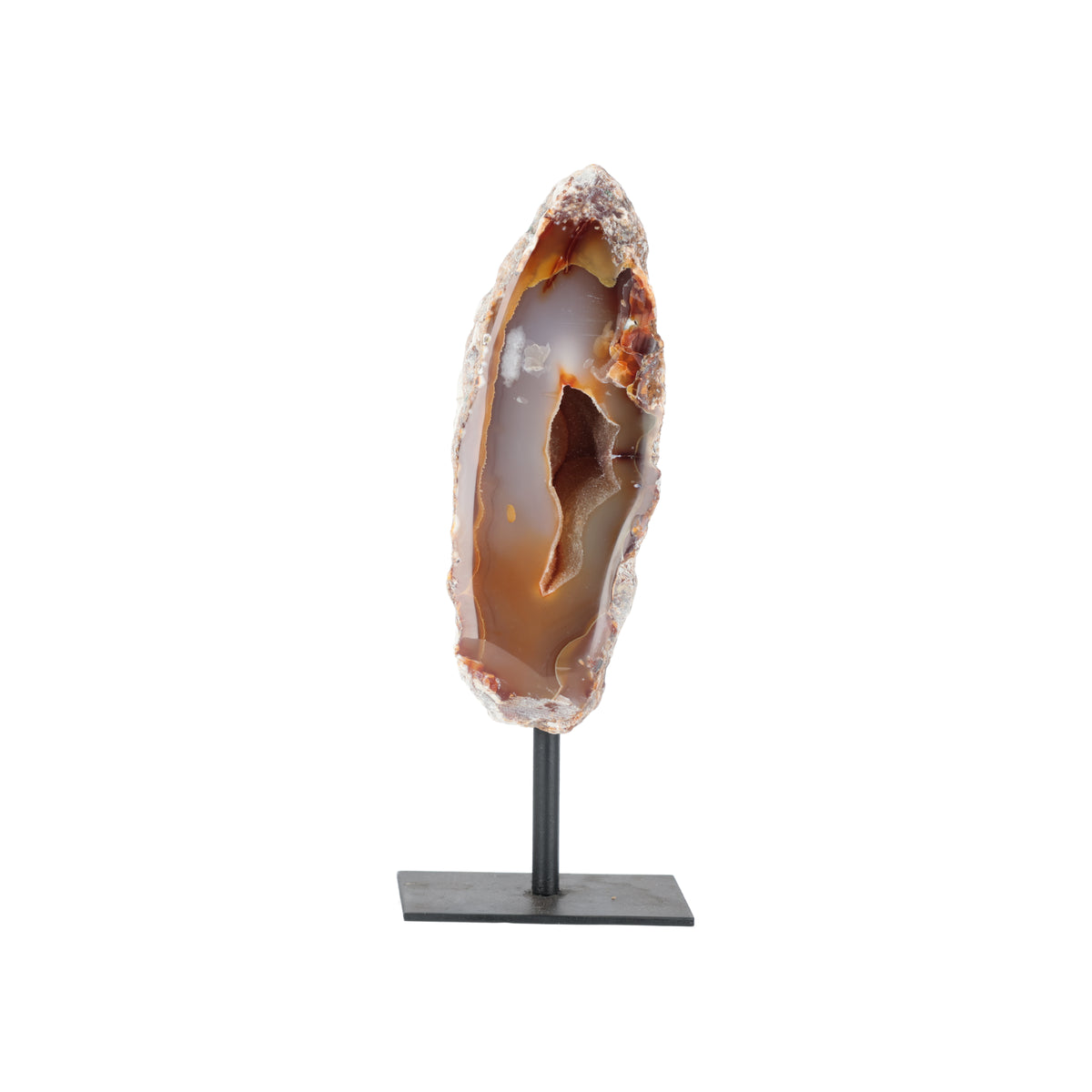 Achat-Geode „Wüstenflamme“ mit natürlicher Kristallhöhle auf Metallständer (#442)