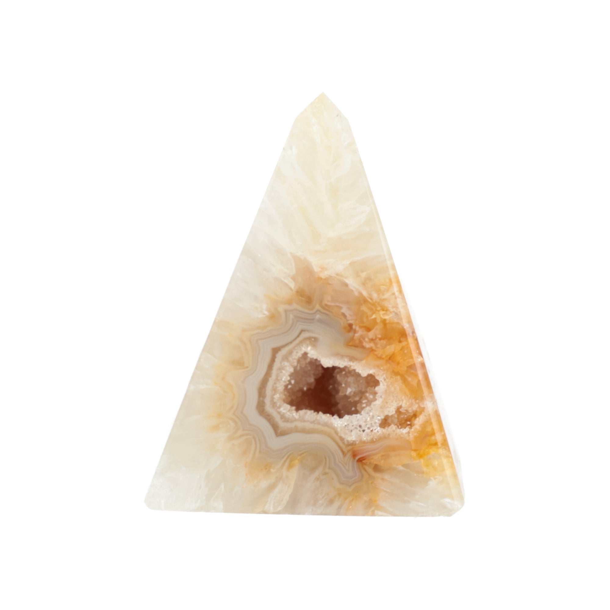 Achat-Pyramide „Goldene Quelle“ – Strahlendes Naturkunstwerk mit funkelnder Kristalldruse (#466)
