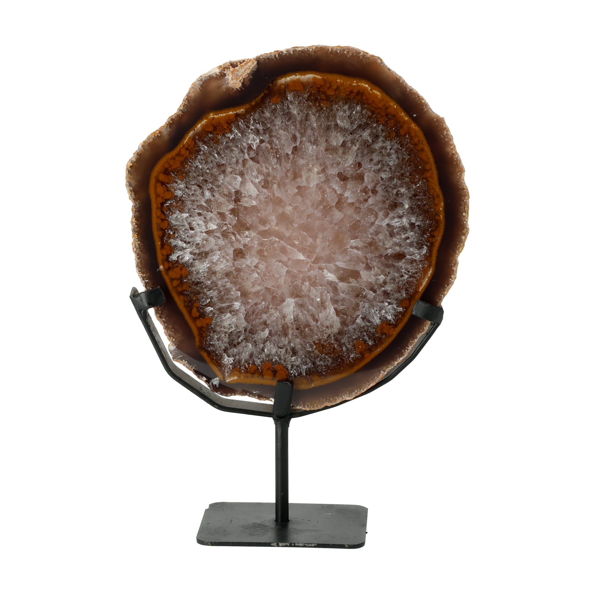Ice Core Agate Slice on Stand - deep brown agate with crystal center
