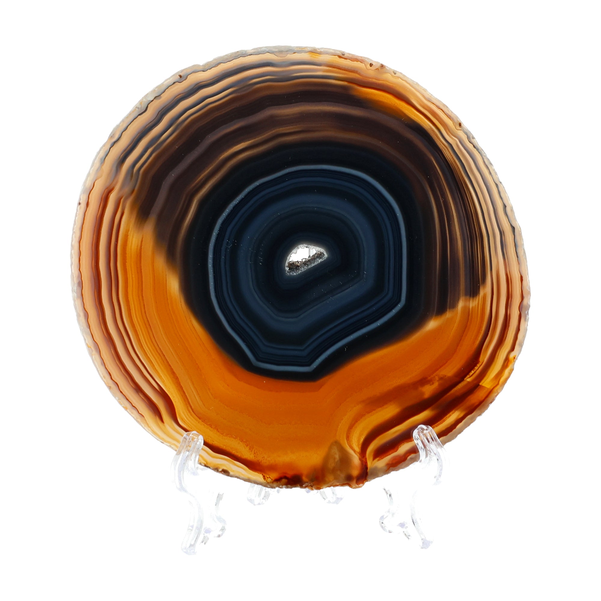 Midnight Fire Agate Slice - deep dark core with bright orange outer ring and perfect concentric structure