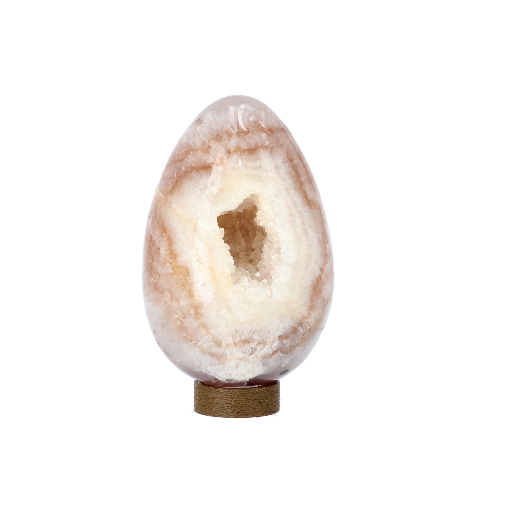 Achat Ei aus Brasilien 12 cm hoch mit natürlicher Drusenöffnung auf biologisch abbaubarem PLA-Ständer in Holzoptik