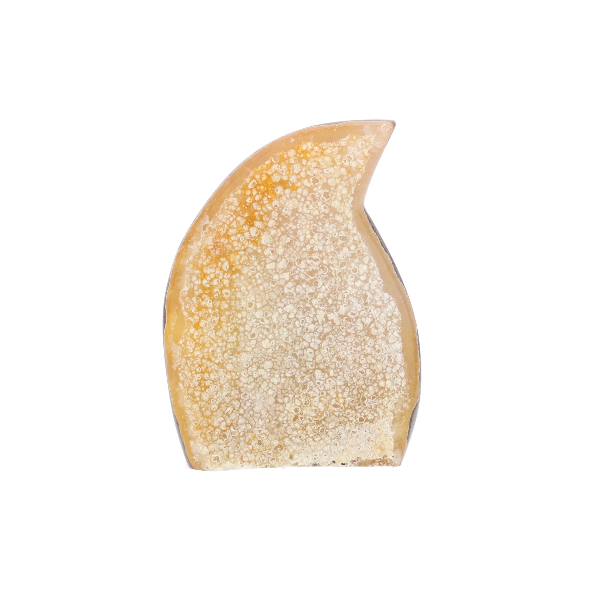 Achat Freiform aus Brasilien 15 cm hoch mit orbicularer Chalcedonstruktur in creme- und honigfarbenen Naturtönen