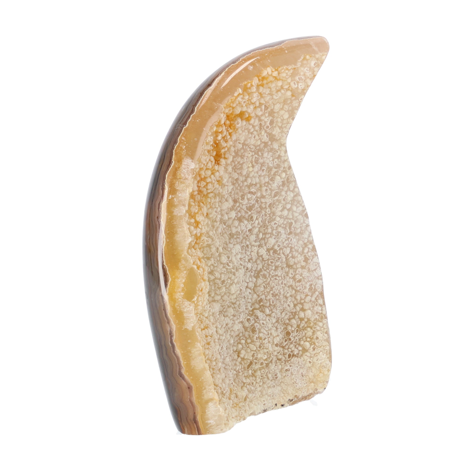 Achat Freiform aus Brasilien 15 cm hoch mit orbicularer Chalcedonstruktur in creme- und honigfarbenen Naturtönen