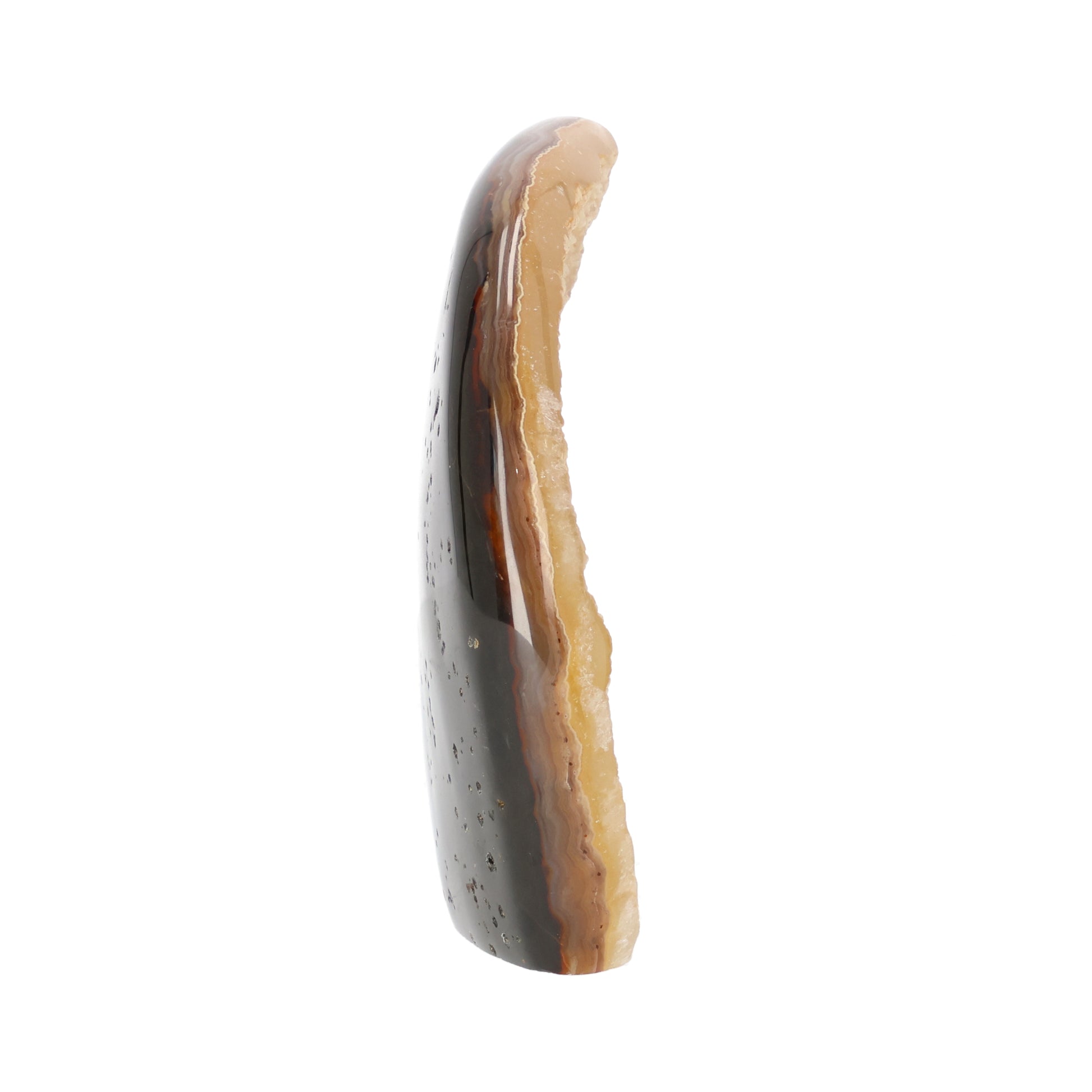 Achat Freiform aus Brasilien 15 cm hoch mit orbicularer Chalcedonstruktur in creme- und honigfarbenen Naturtönen