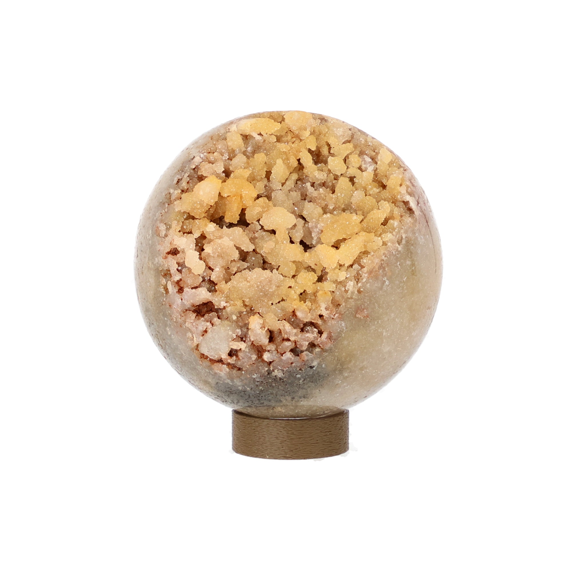 Achat Drusenkugel mit Calcit aus Brasilien 8,5 cm Kugel mit Drusenöffnung auf biologisch abbaubarem Ständer in Holzoptik
