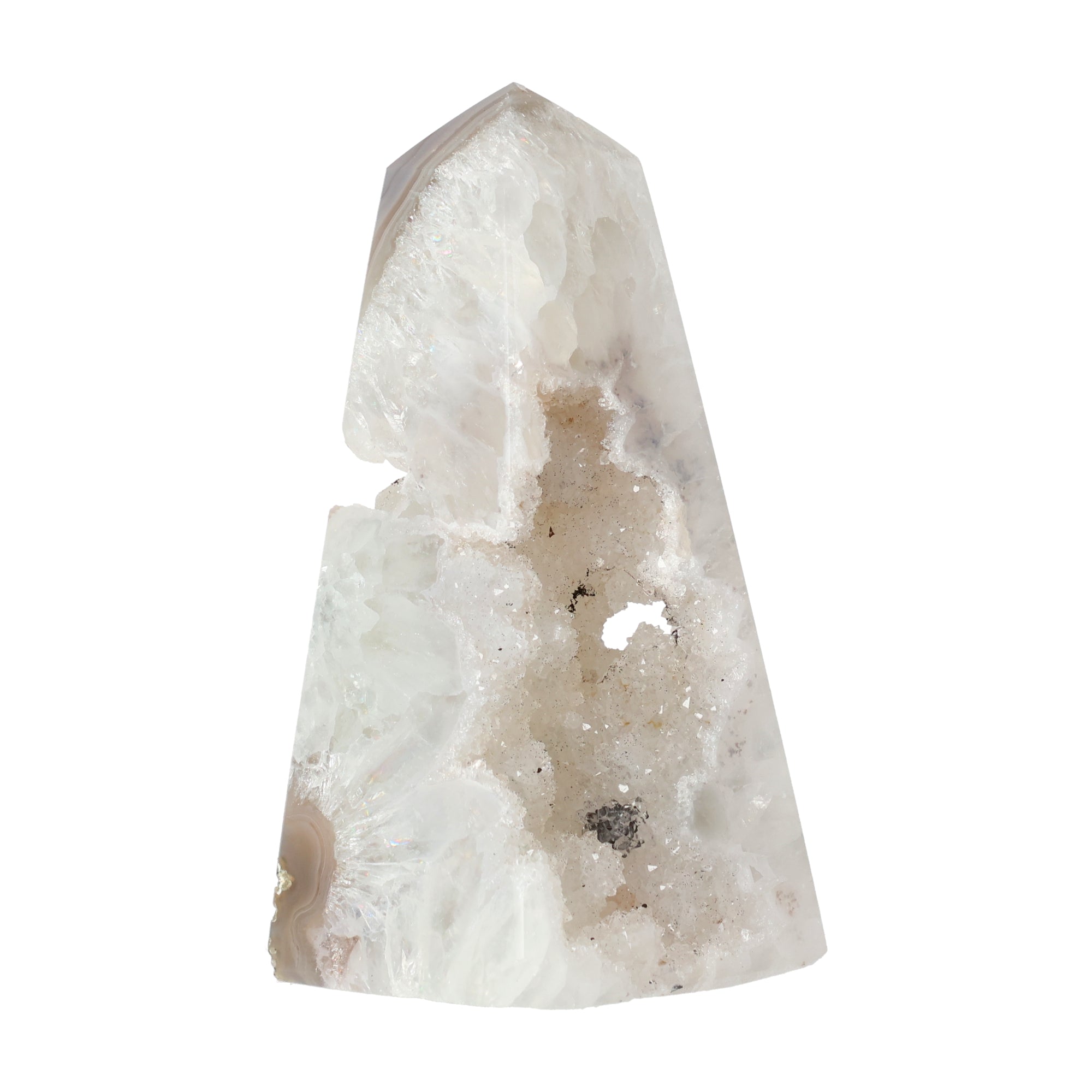 Polierter Achat-Obelisk aus Brasilien mit natürlicher Bänderung und teilweise offener Druzy-Kristallstruktur in Braun-, Grau- und Cremetönen.