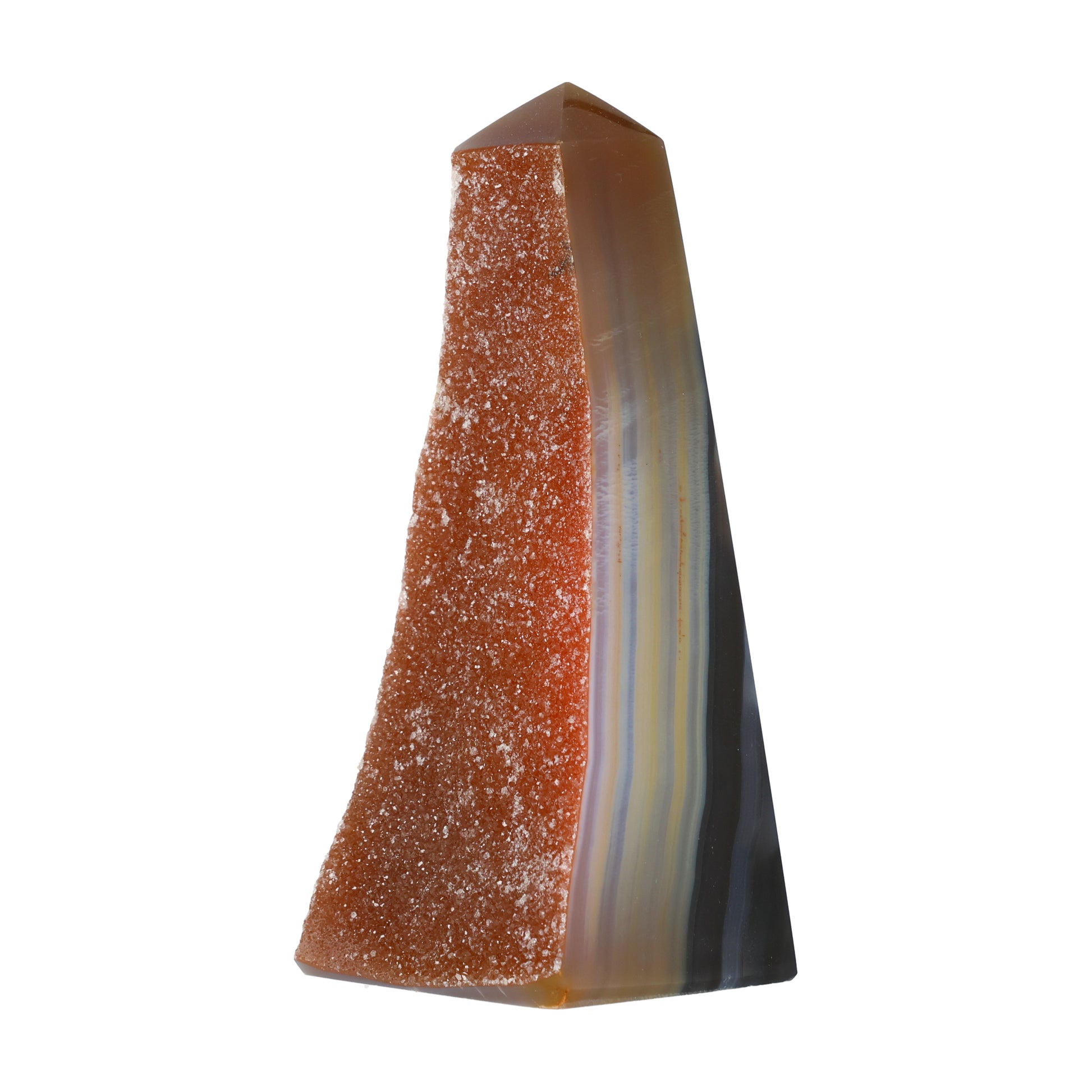 Polierter Achat-Obelisk aus Brasilien mit natürlicher Bänderung und teilweise offener Druzy-Kristallstruktur in Braun-, Grau- und Cremetönen.