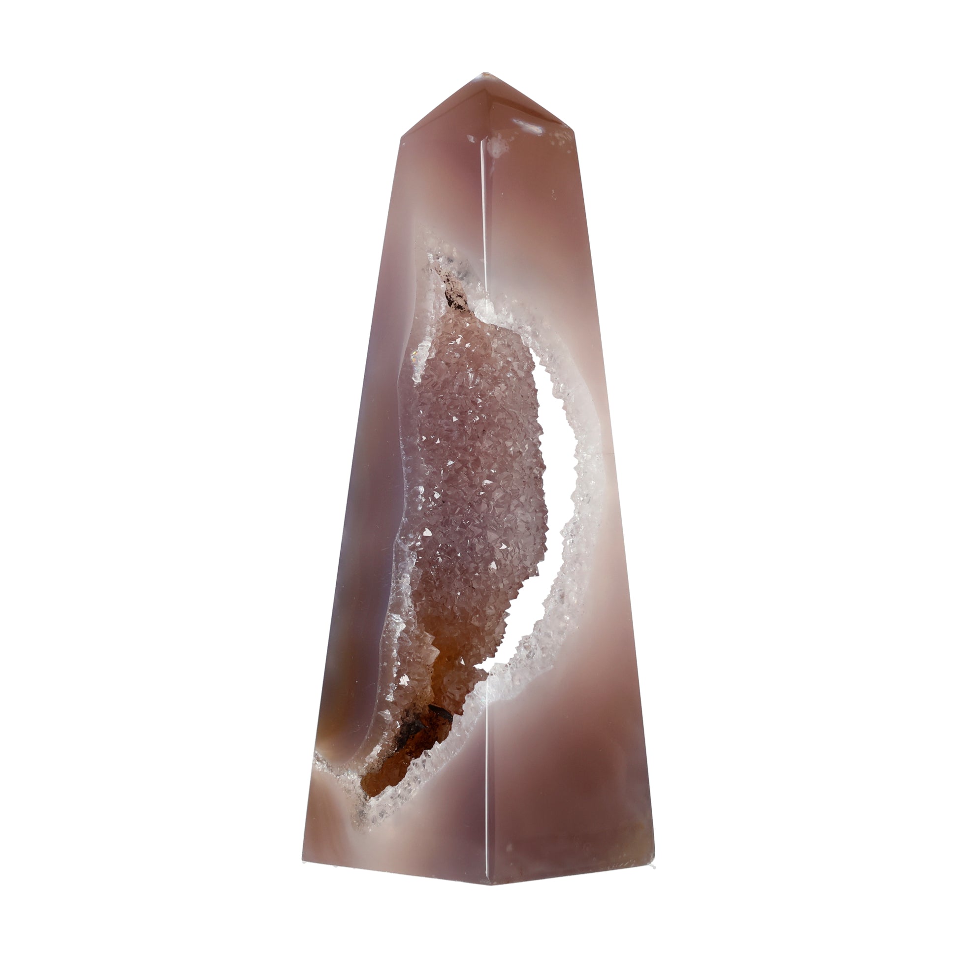 Polierter Achat-Obelisk aus Brasilien mit natürlicher Bänderung und teilweise offener Druzy-Kristallstruktur in Braun-, Grau- und Cremetönen.