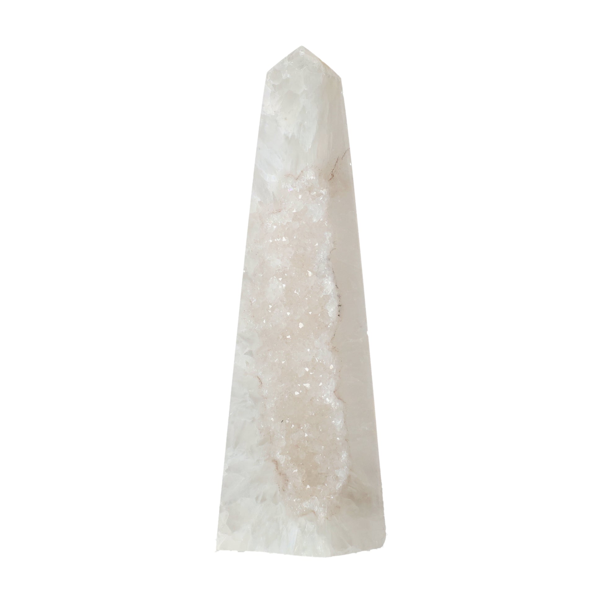 Polierter Achat-Obelisk aus Brasilien mit natürlicher Bänderung und teilweise offener Druzy-Kristallstruktur in Braun-, Grau- und Cremetönen.