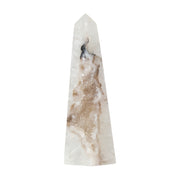 Polierter Achat-Obelisk aus Brasilien mit natürlicher Bänderung und teilweise offener Druzy-Kristallstruktur in Braun-, Grau- und Cremetönen.