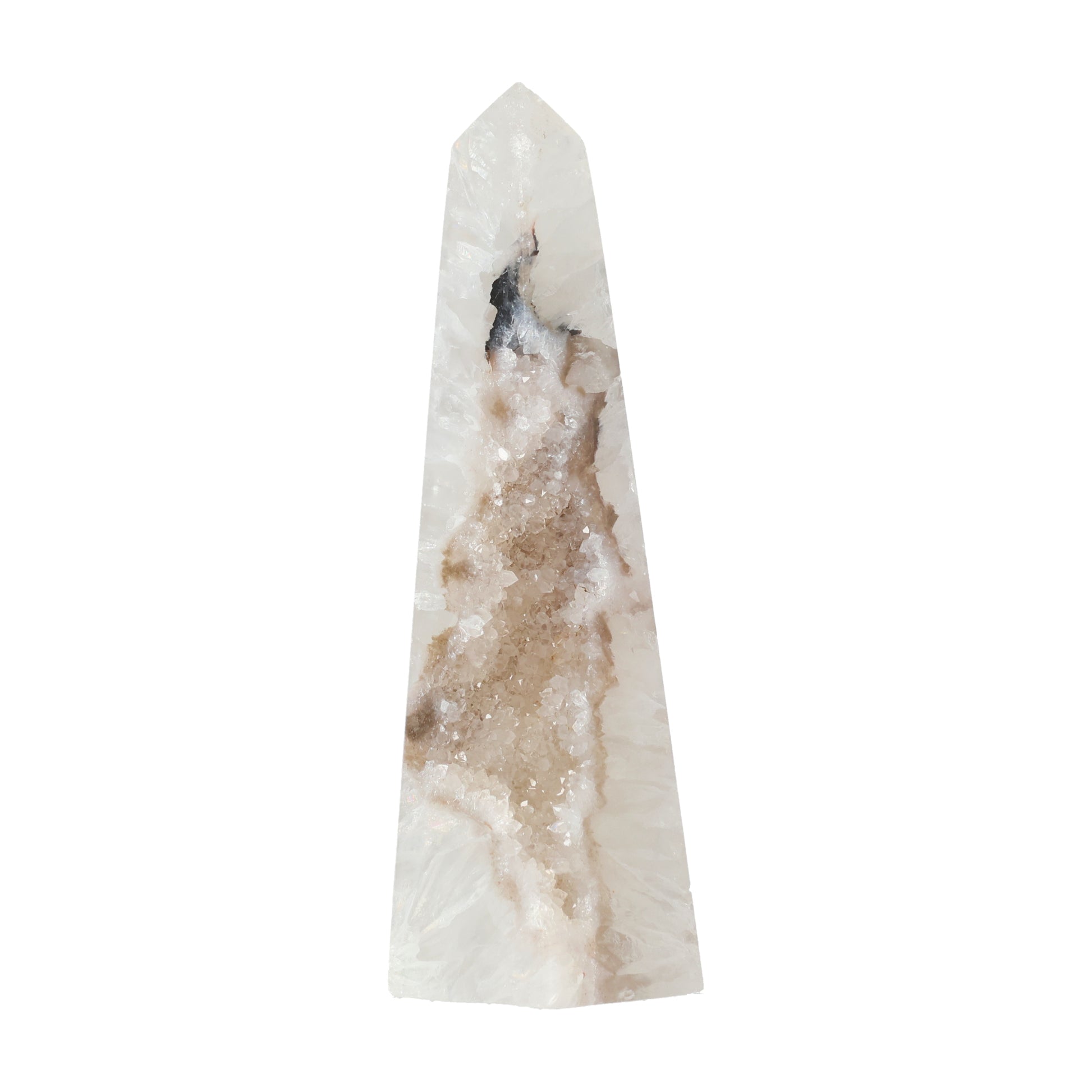 Polierter Achat-Obelisk aus Brasilien mit natürlicher Bänderung und teilweise offener Druzy-Kristallstruktur in Braun-, Grau- und Cremetönen.