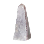 Polierter Achat-Obelisk aus Brasilien mit natürlicher Bänderung und teilweise offener Druzy-Kristallstruktur in Braun-, Grau- und Cremetönen.