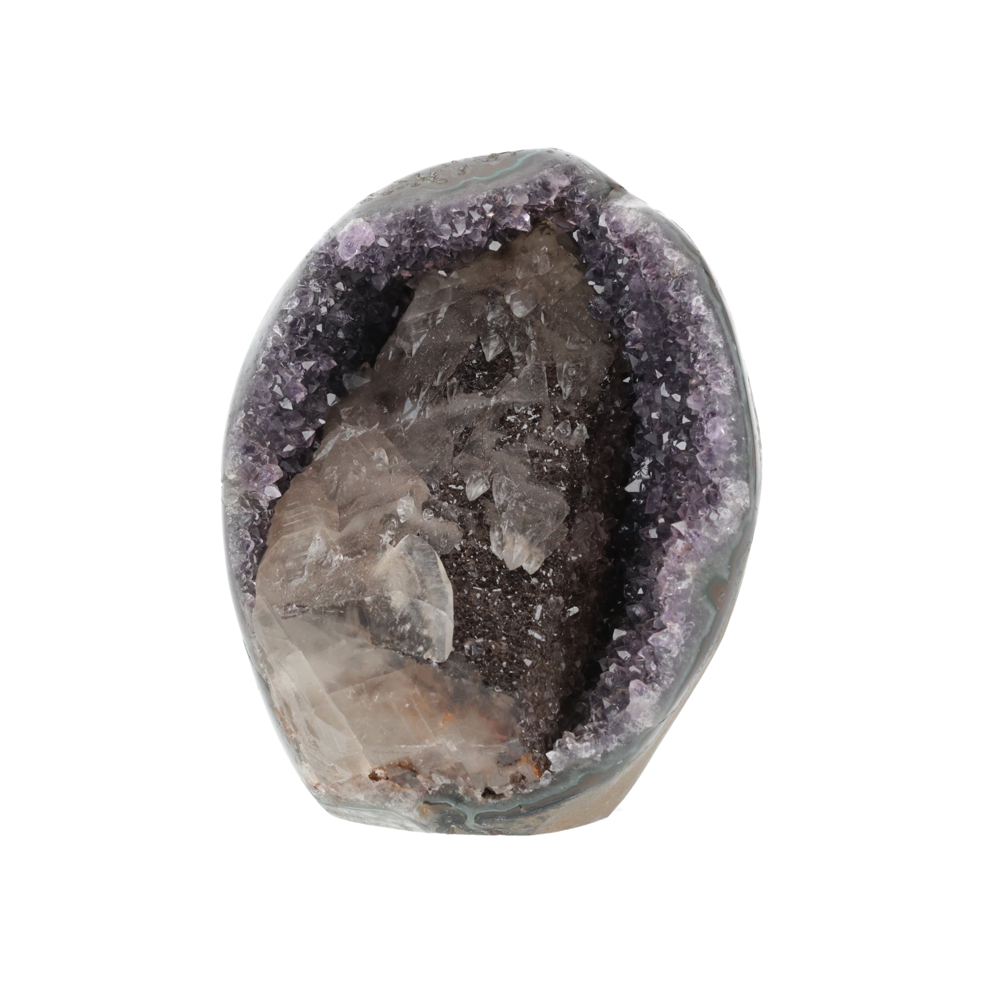 Amethyst-Druse „Frostquell“ – Amethyst Geode mit Calcit-Kristallen und dunkler Kristallkammer (#434)