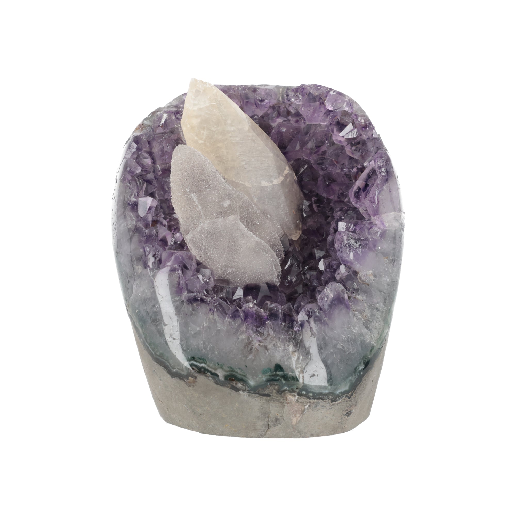 Amethyst-Druse „Eislicht“ – Amethyst Geode mit natürlichem Calcit-Kristall (#430)