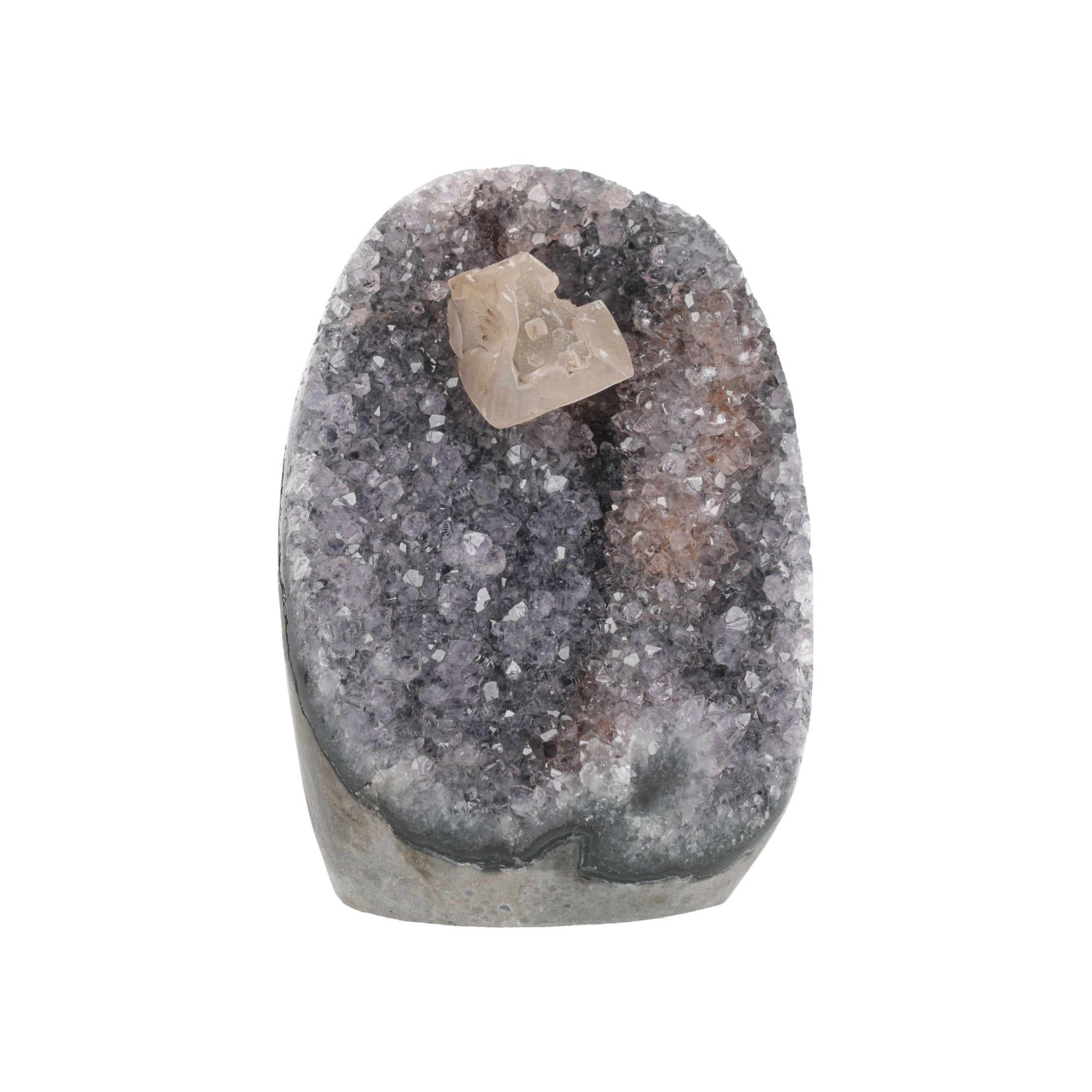 Amethyst-Druse „Silberhauch“ – Amethyst Geode mit natürlichem Calcit-Kristall (#429)