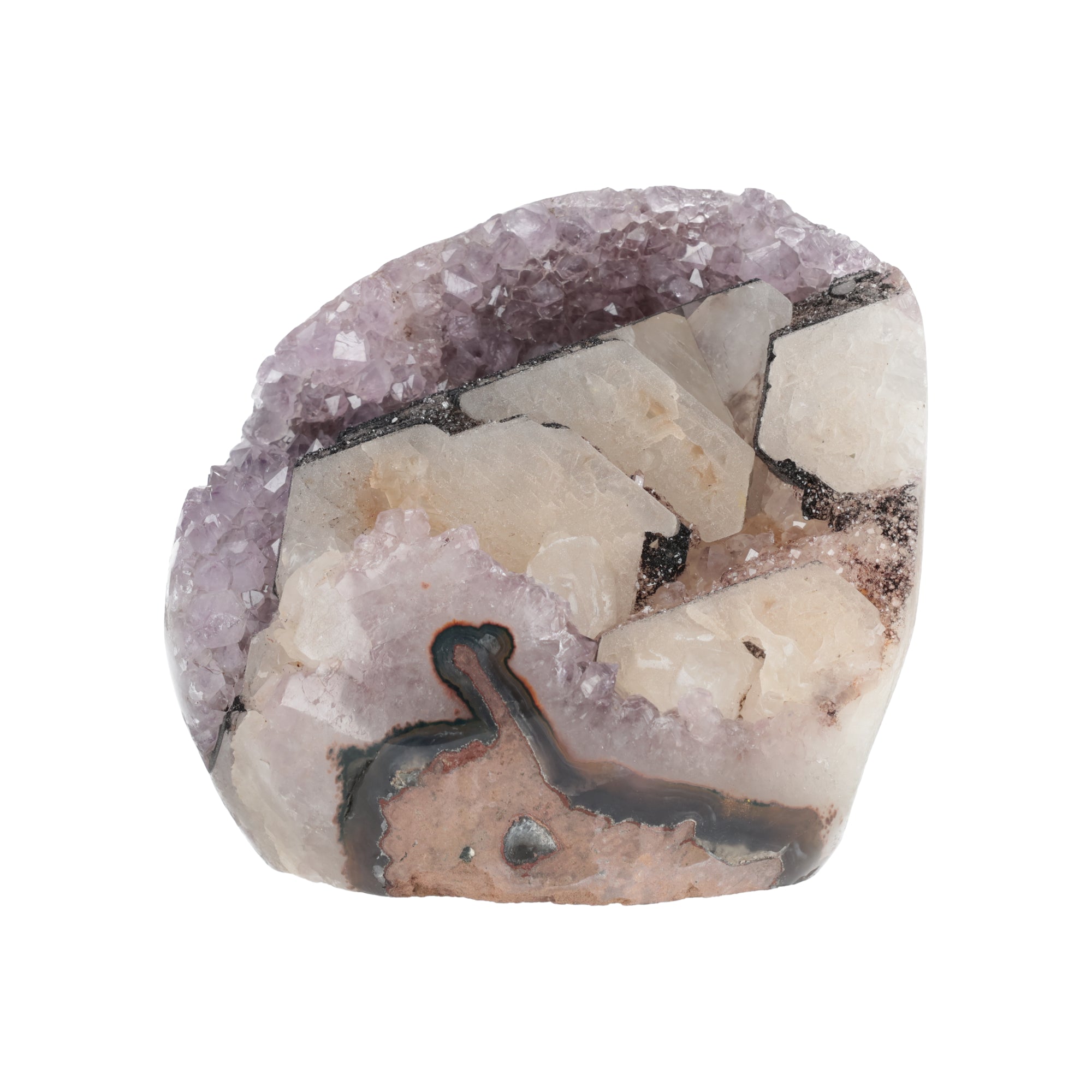 Amethyst-Druse „Mondreflex“ – Amethyst Geode mit natürlichen Calcit-Kristallen (#427)