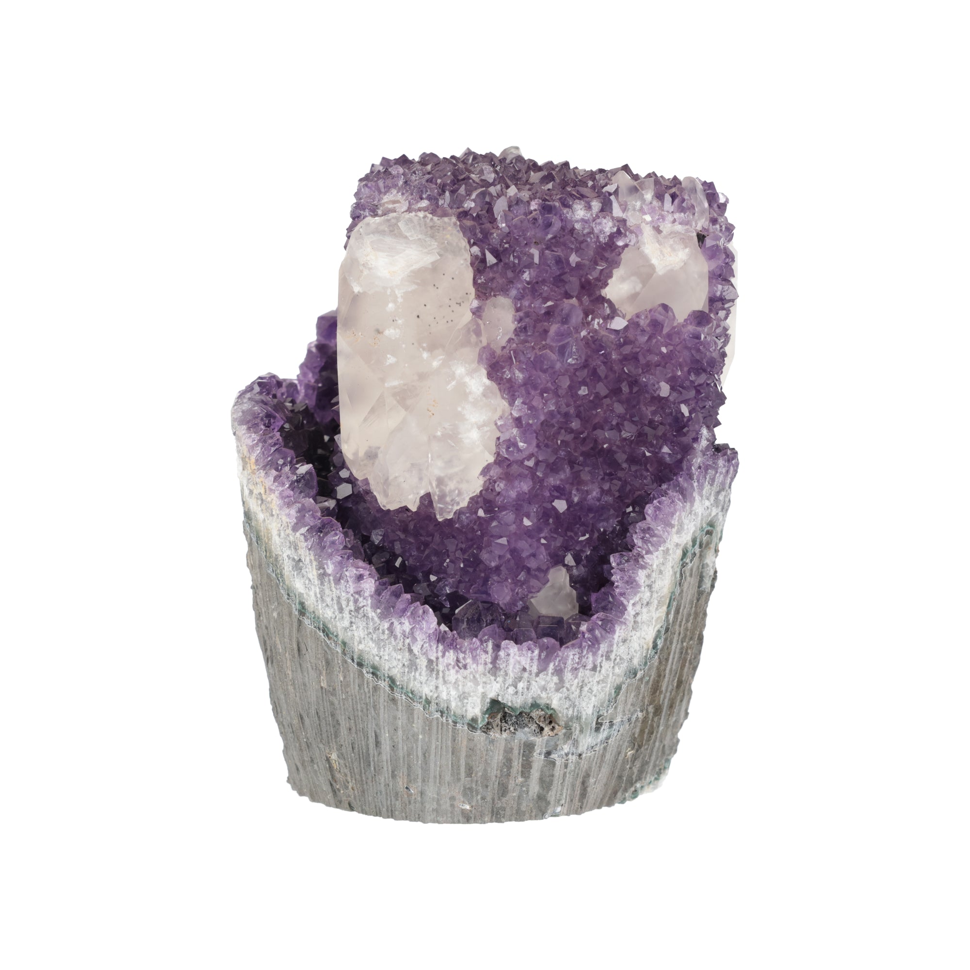 Amethyst-Druse „Imperiale Krone“ mit markantem Calcit-Kristall (#424)