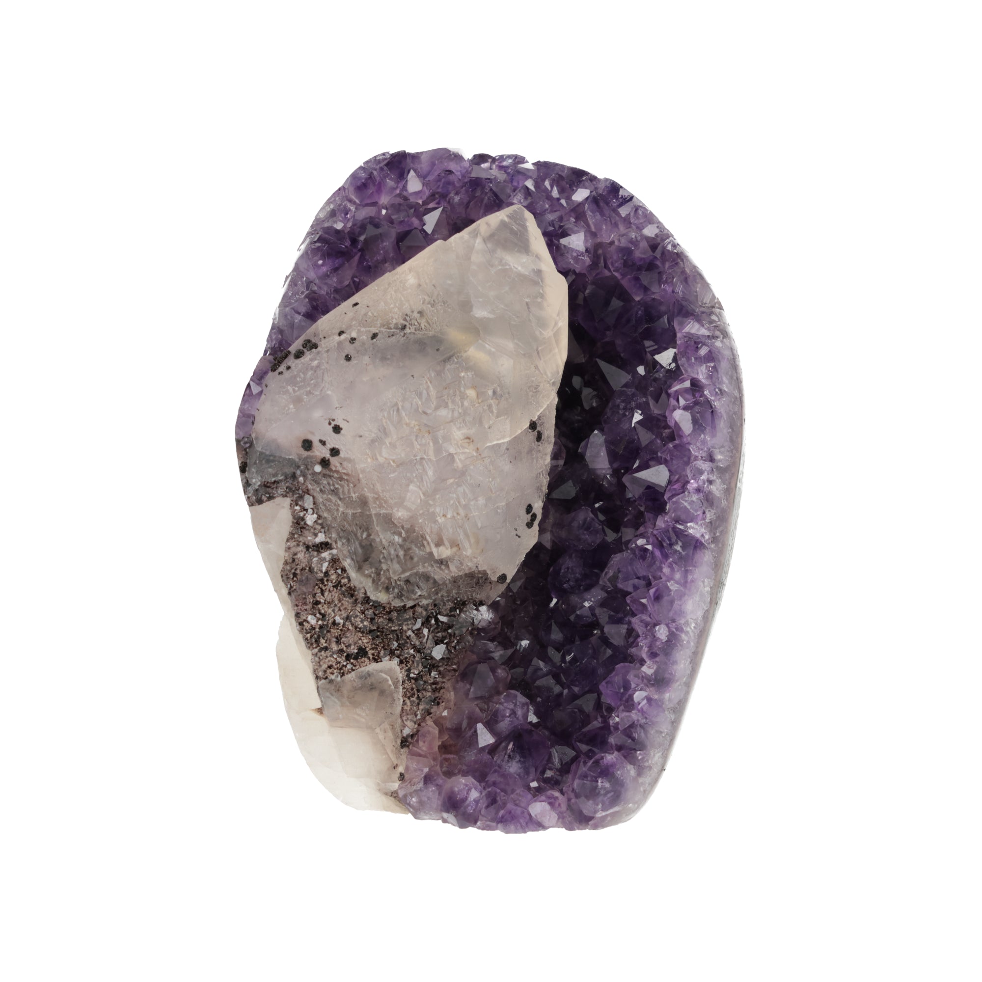 Purpurlicht von Elyria“ – Große Amethyst-Druse mit Calcit und schwarzem Turmalin aus Uruguay (#507)