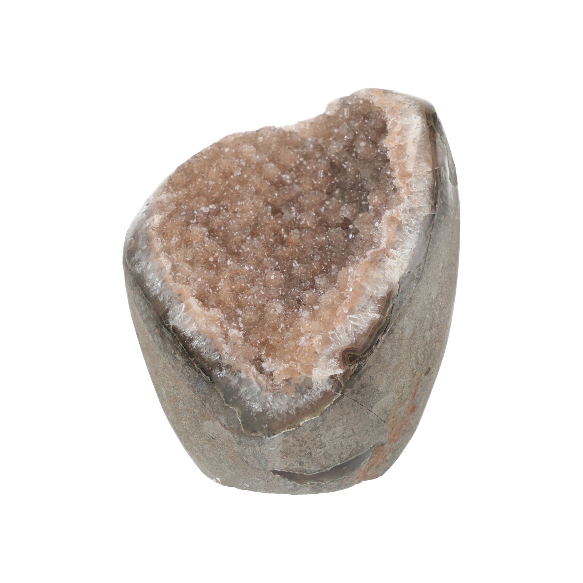 Einzigartige Achat-Druse aus Uruguay mit funkelnder Kristallhöhle in Champagnertönen (#514)