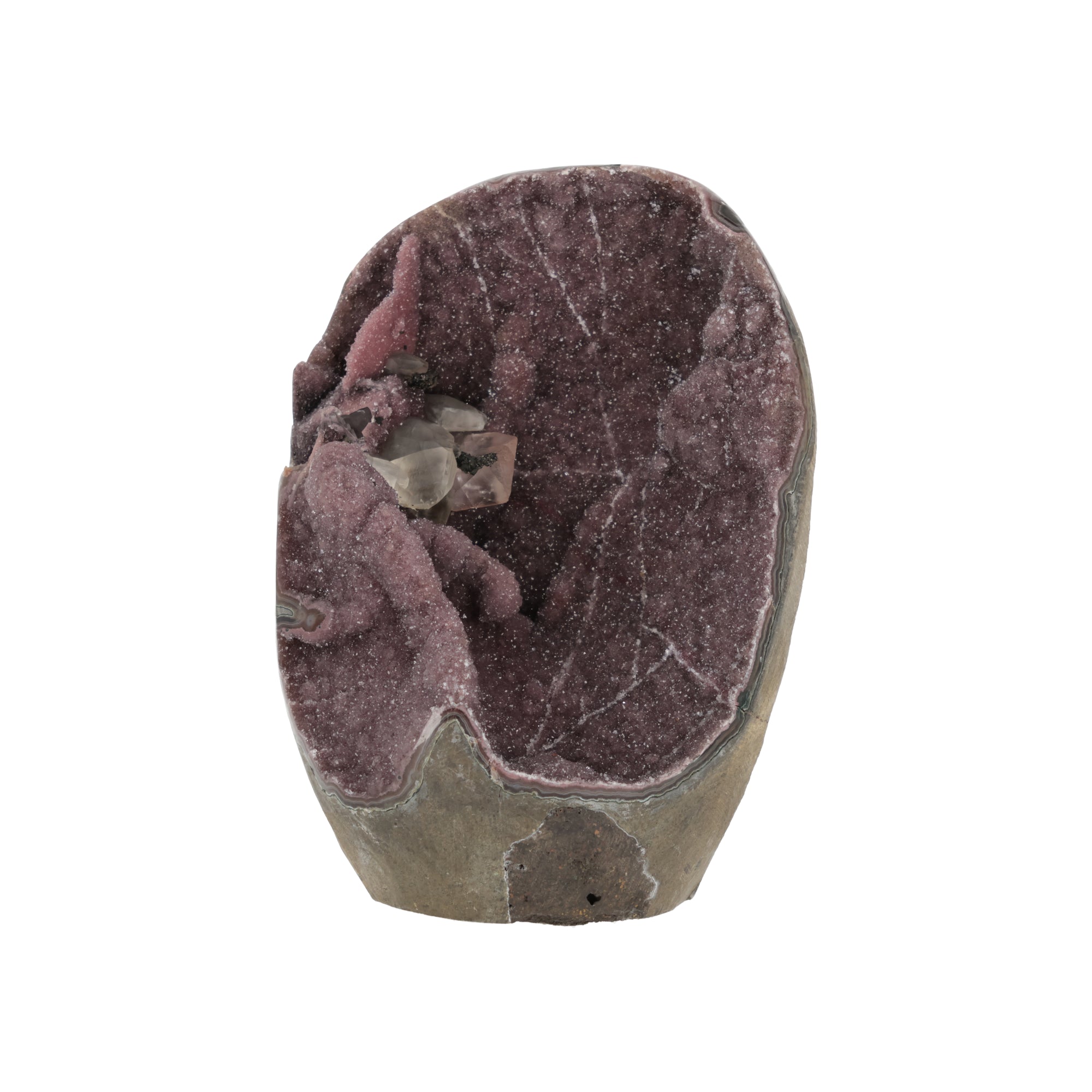 Einzigartige Amethyst Druse aus Uruguay mit schwarzem Turmalin, Calcit und außergewöhnlicher rosa Kristalllandschaft (#509)