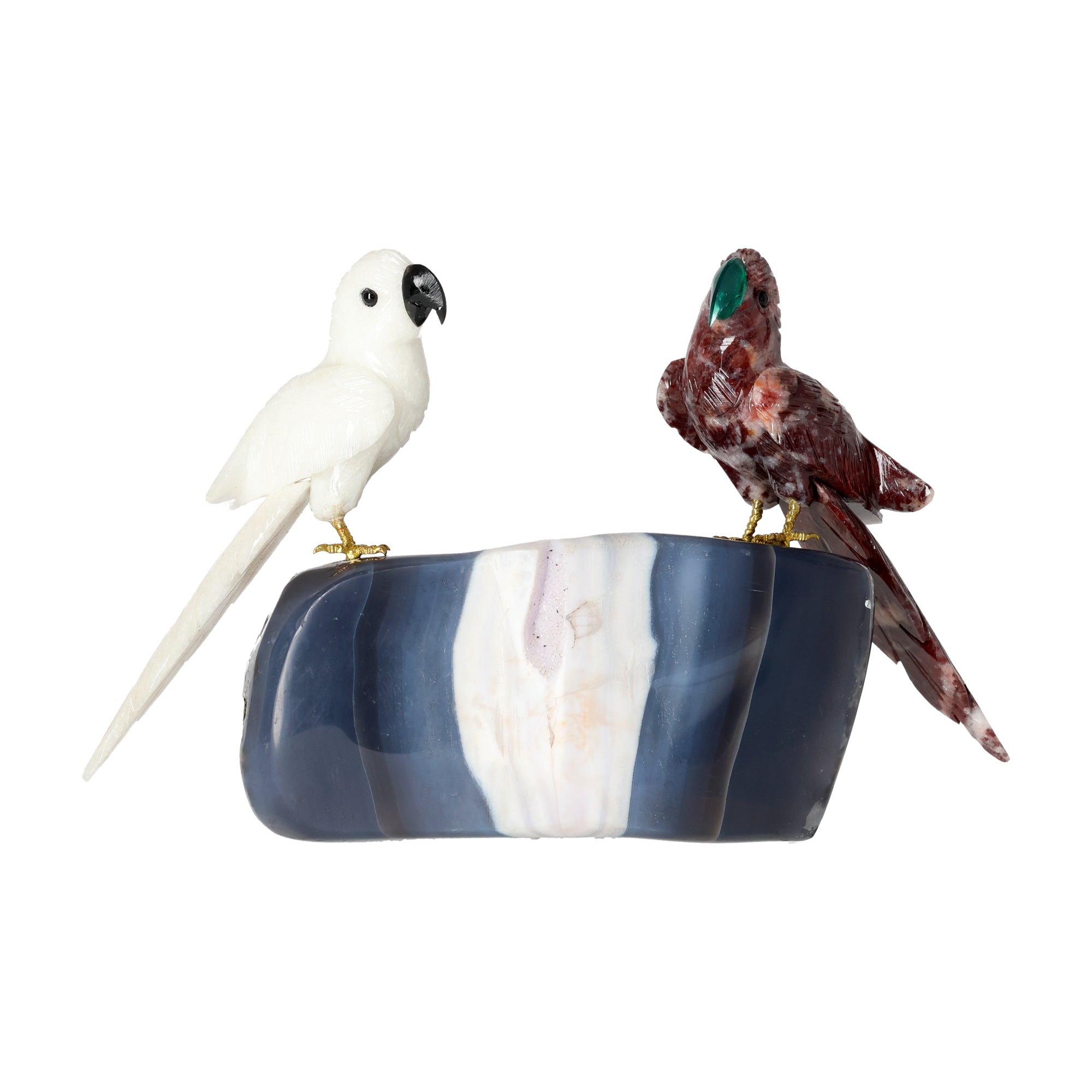 Amethyst-, Bergkristall- oder Achatstein aus Brasilien mit handgearbeiteten Vogelminiaturen aus verschiedenen Natursteinen.