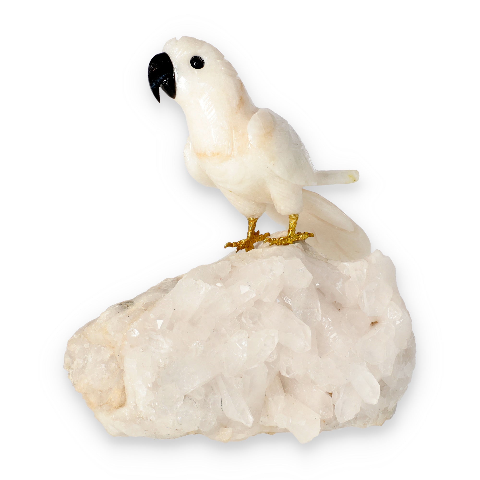 Amethyst-, Bergkristall- oder Achatstein aus Brasilien mit handgearbeiteten Vogelminiaturen aus verschiedenen Natursteinen.