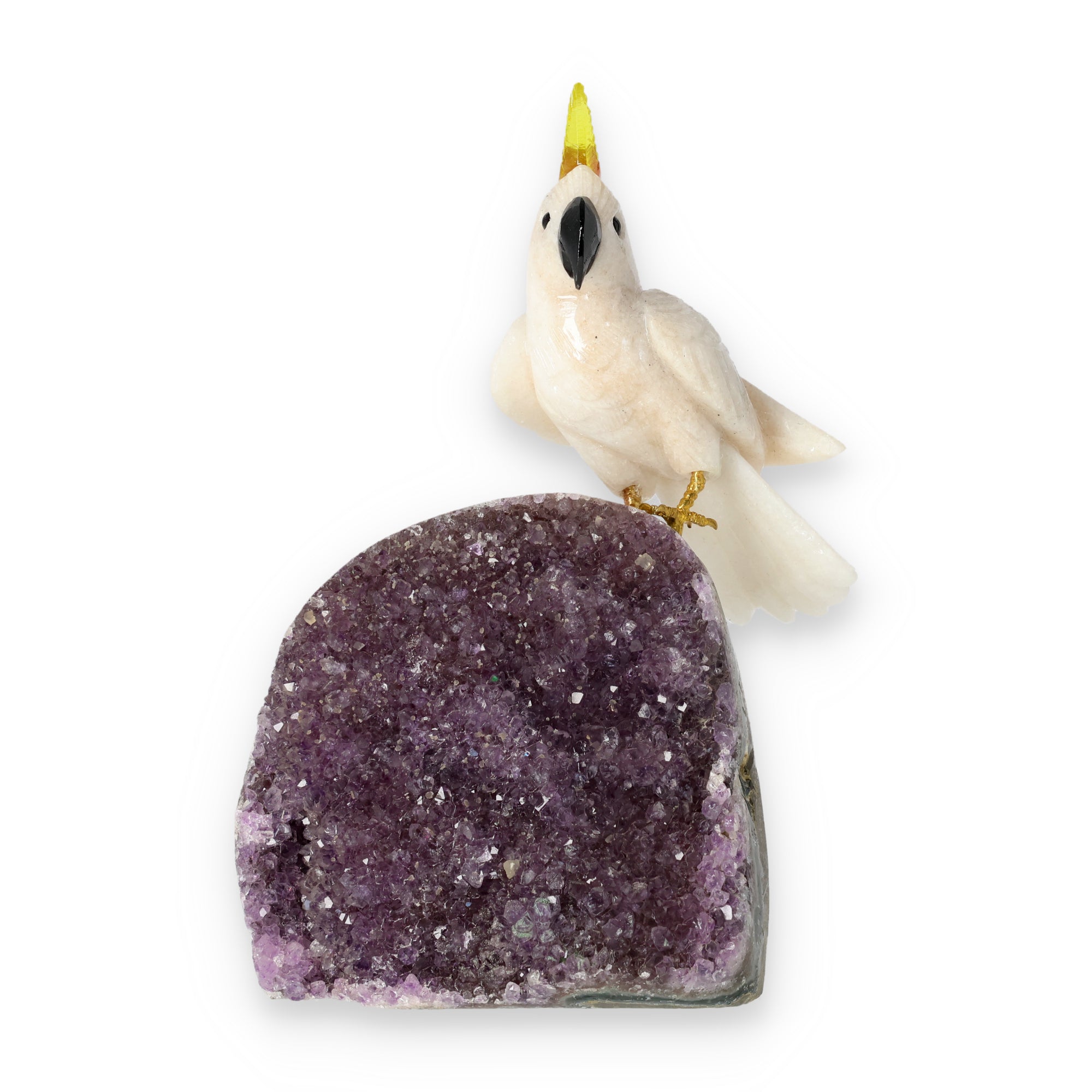 Amethyst-, Bergkristall- oder Achatstein aus Brasilien mit handgearbeiteten Vogelminiaturen aus verschiedenen Natursteinen.