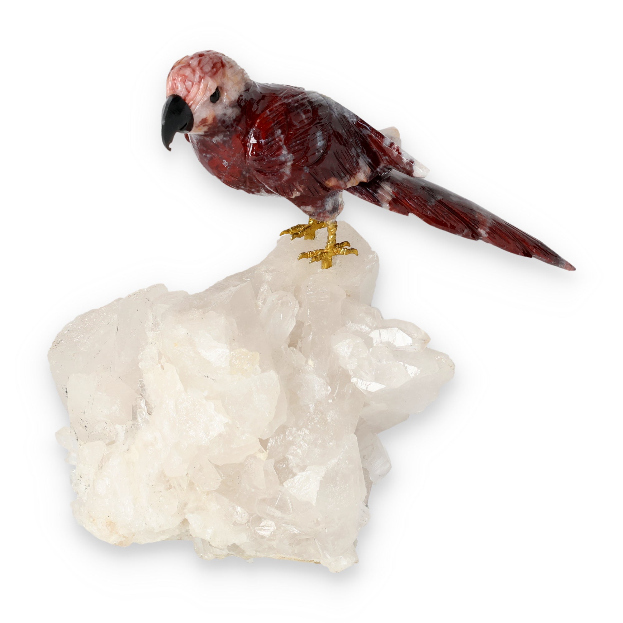Amethyst-, Bergkristall- oder Achatstein aus Brasilien mit handgearbeiteten Vogelminiaturen aus verschiedenen Natursteinen.