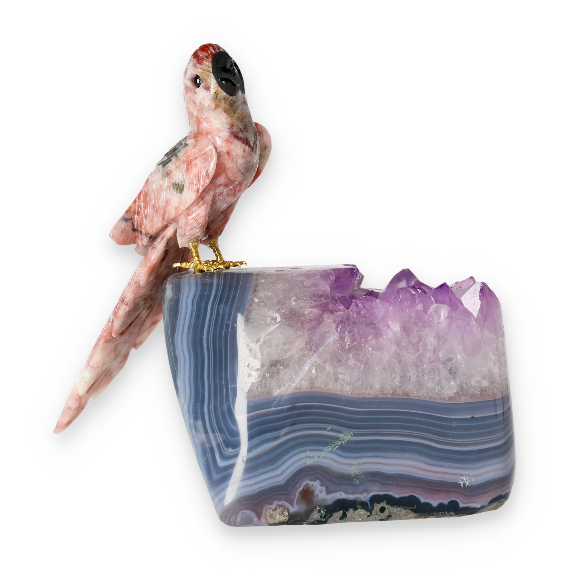 Amethyst-, Bergkristall- oder Achatstein aus Brasilien mit handgearbeiteten Vogelminiaturen aus verschiedenen Natursteinen.