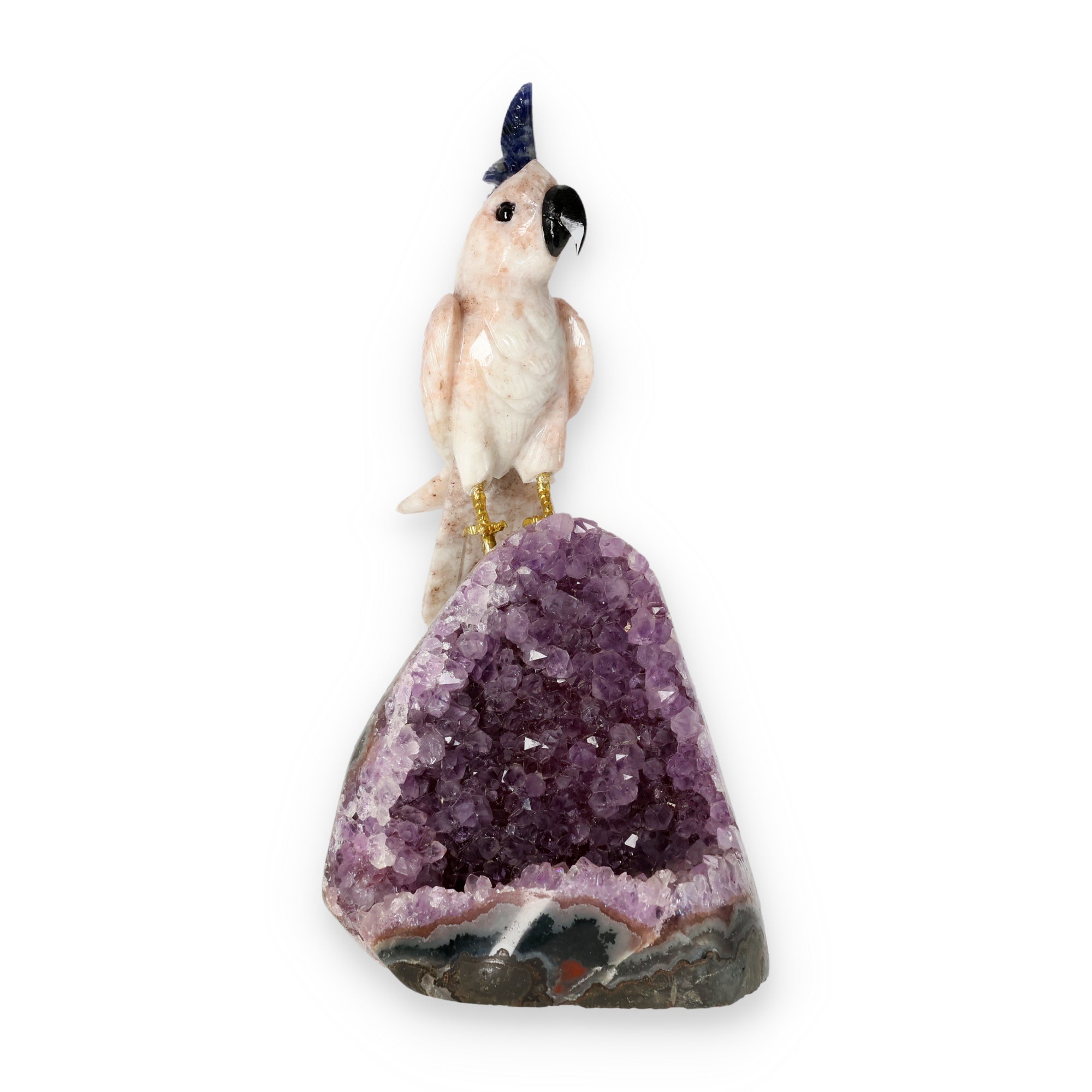 Amethyst-, Bergkristall- oder Achatstein aus Brasilien mit handgearbeiteten Vogelminiaturen aus verschiedenen Natursteinen.