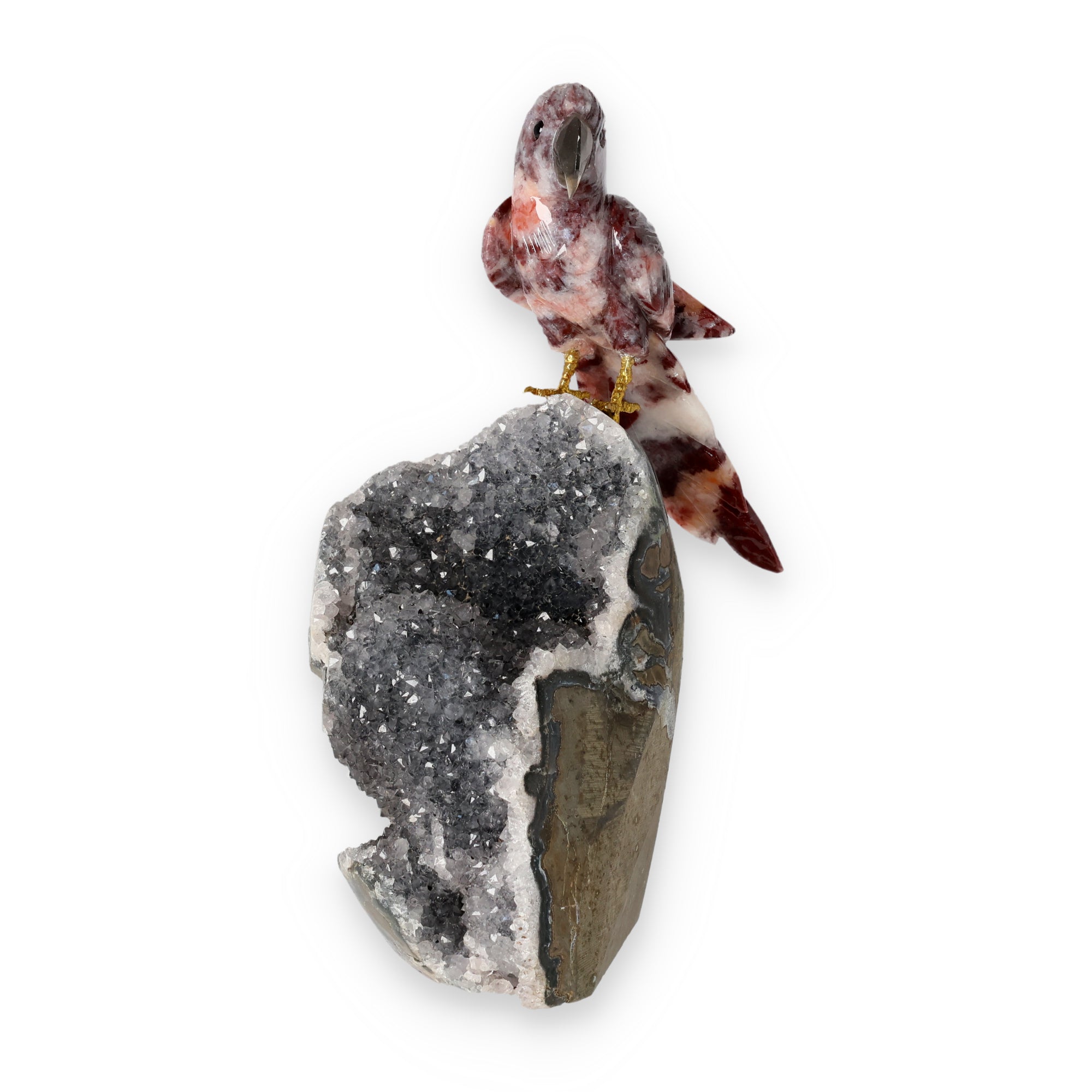 Amethyst-, Bergkristall- oder Achatstein aus Brasilien mit handgearbeiteten Vogelminiaturen aus verschiedenen Natursteinen.