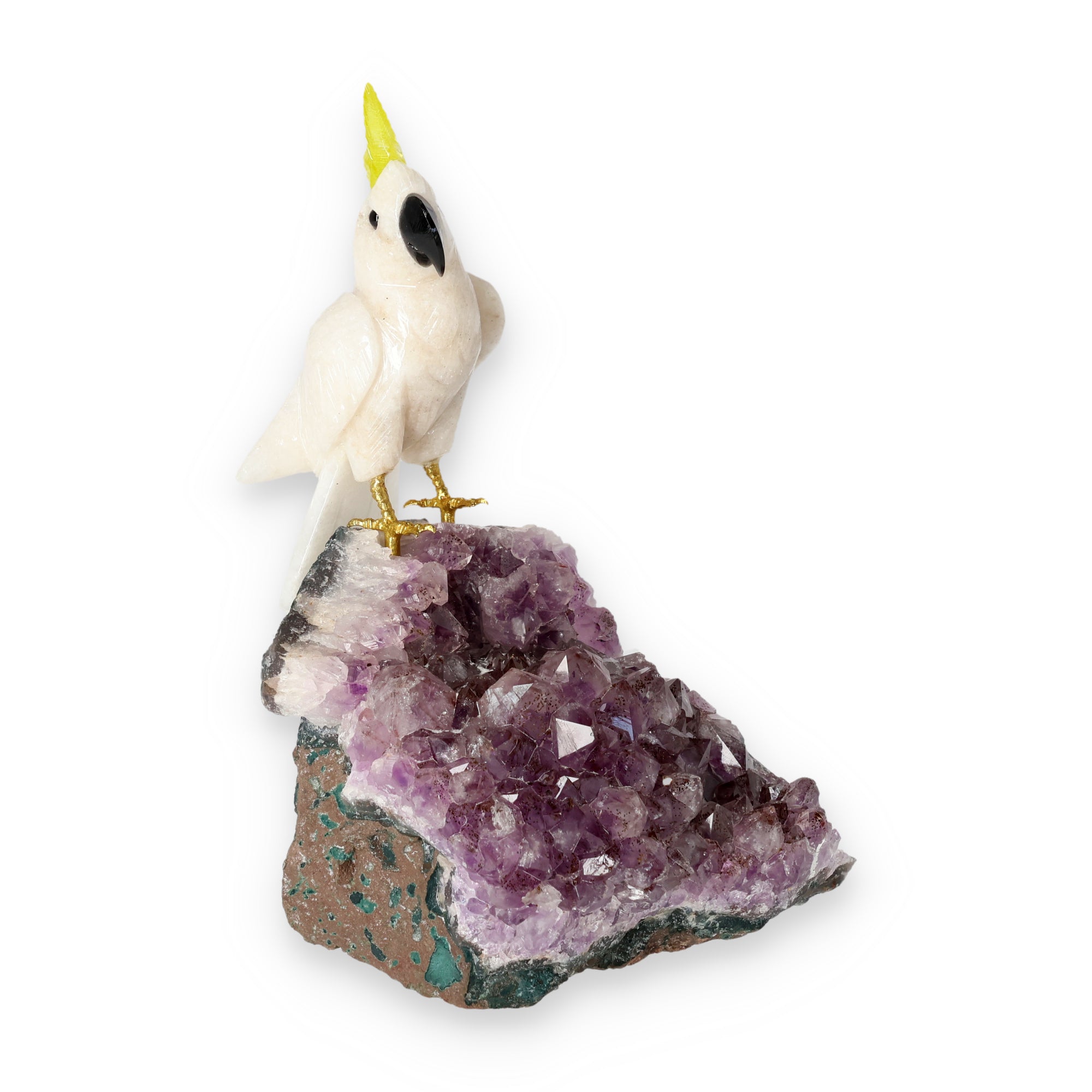 Amethyst-, Bergkristall- oder Achatstein aus Brasilien mit handgearbeiteten Vogelminiaturen aus verschiedenen Natursteinen.