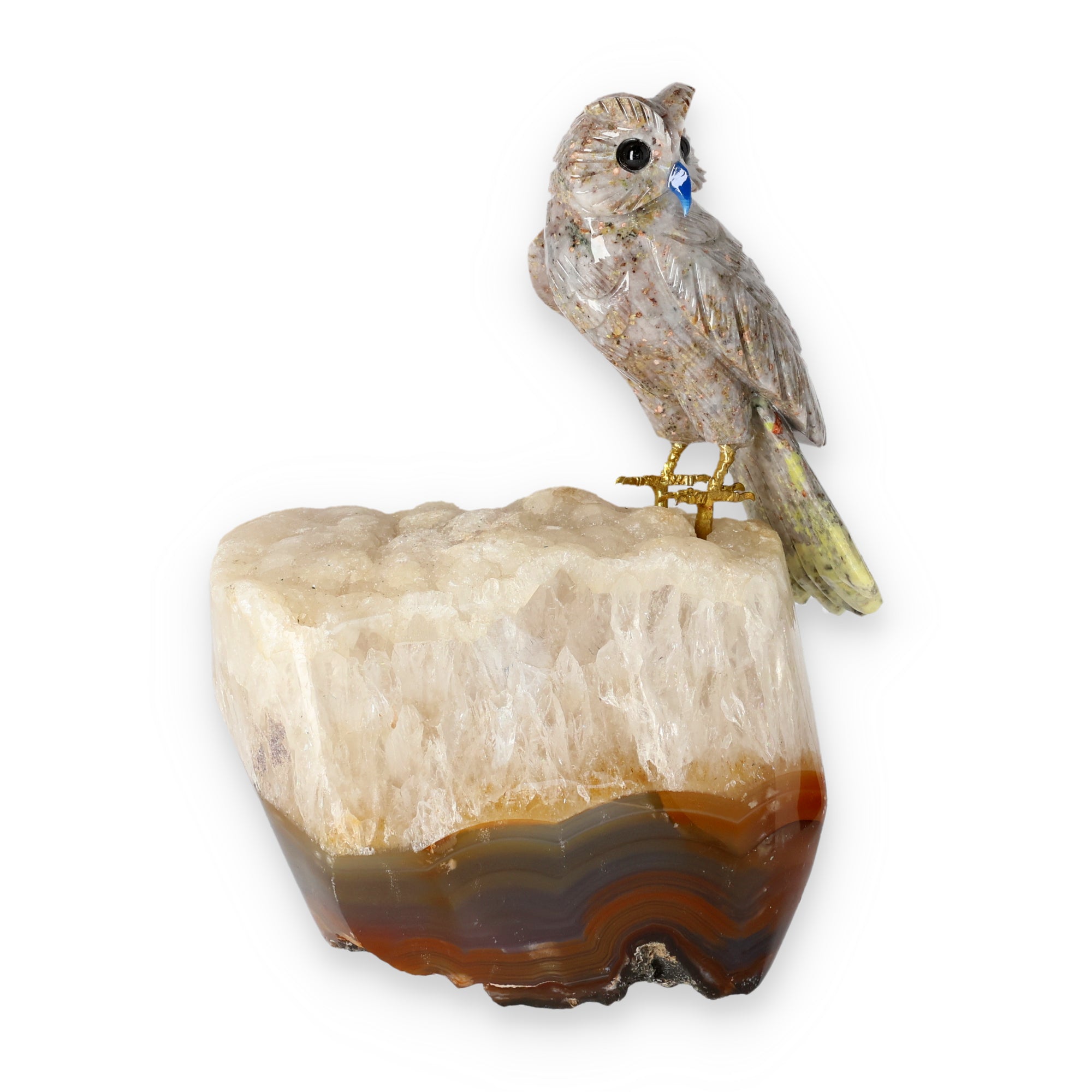 Amethyst-, Bergkristall- oder Achatstein aus Brasilien mit handgearbeiteten Vogelminiaturen aus verschiedenen Natursteinen.