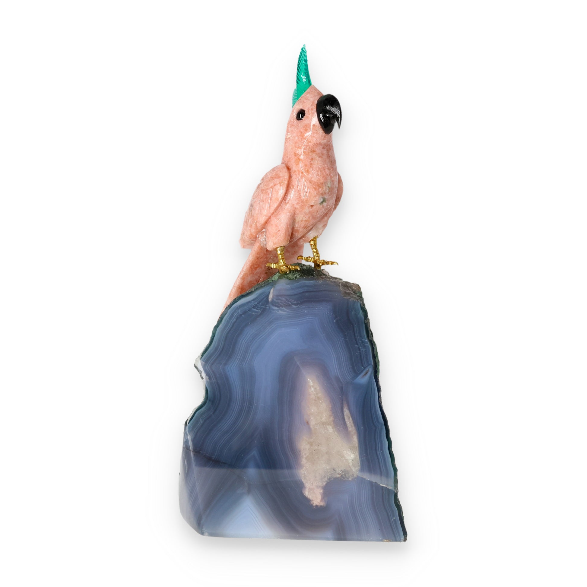 Amethyst-, Bergkristall- oder Achatstein aus Brasilien mit handgearbeiteten Vogelminiaturen aus verschiedenen Natursteinen.