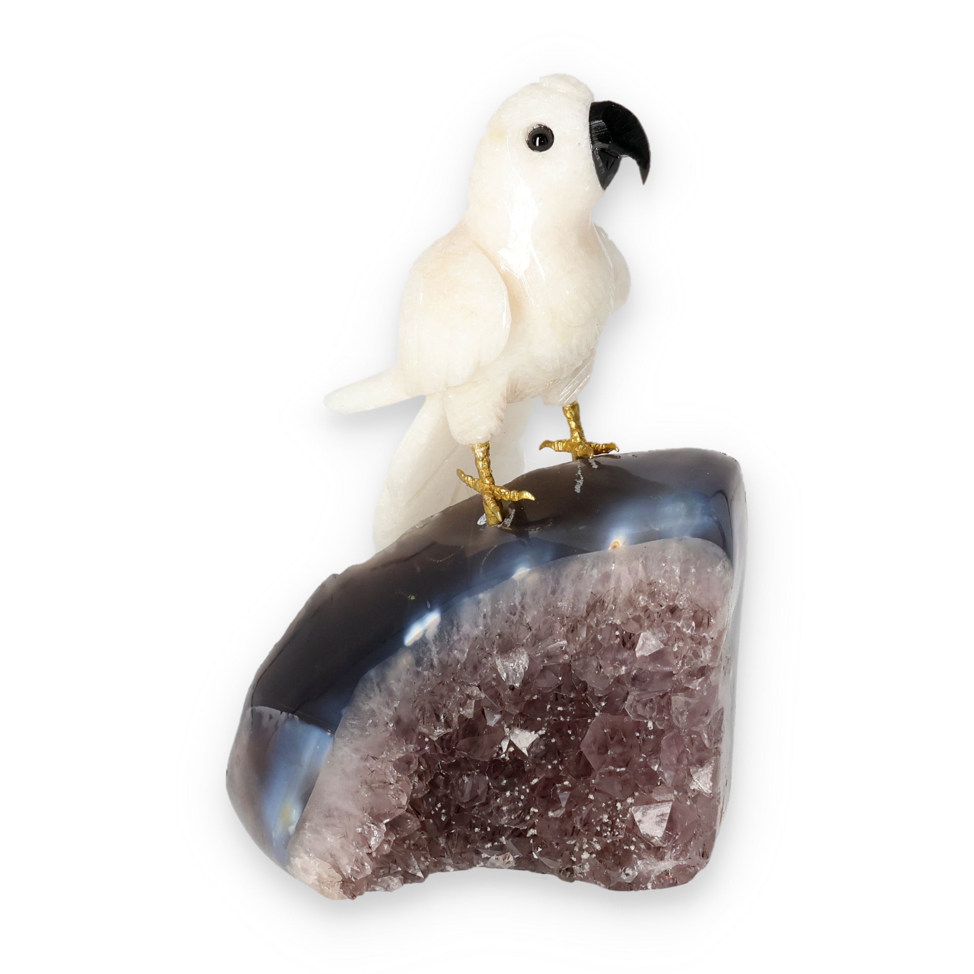 Amethyst-, Bergkristall- oder Achatstein aus Brasilien mit handgearbeiteten Vogelminiaturen aus verschiedenen Natursteinen.