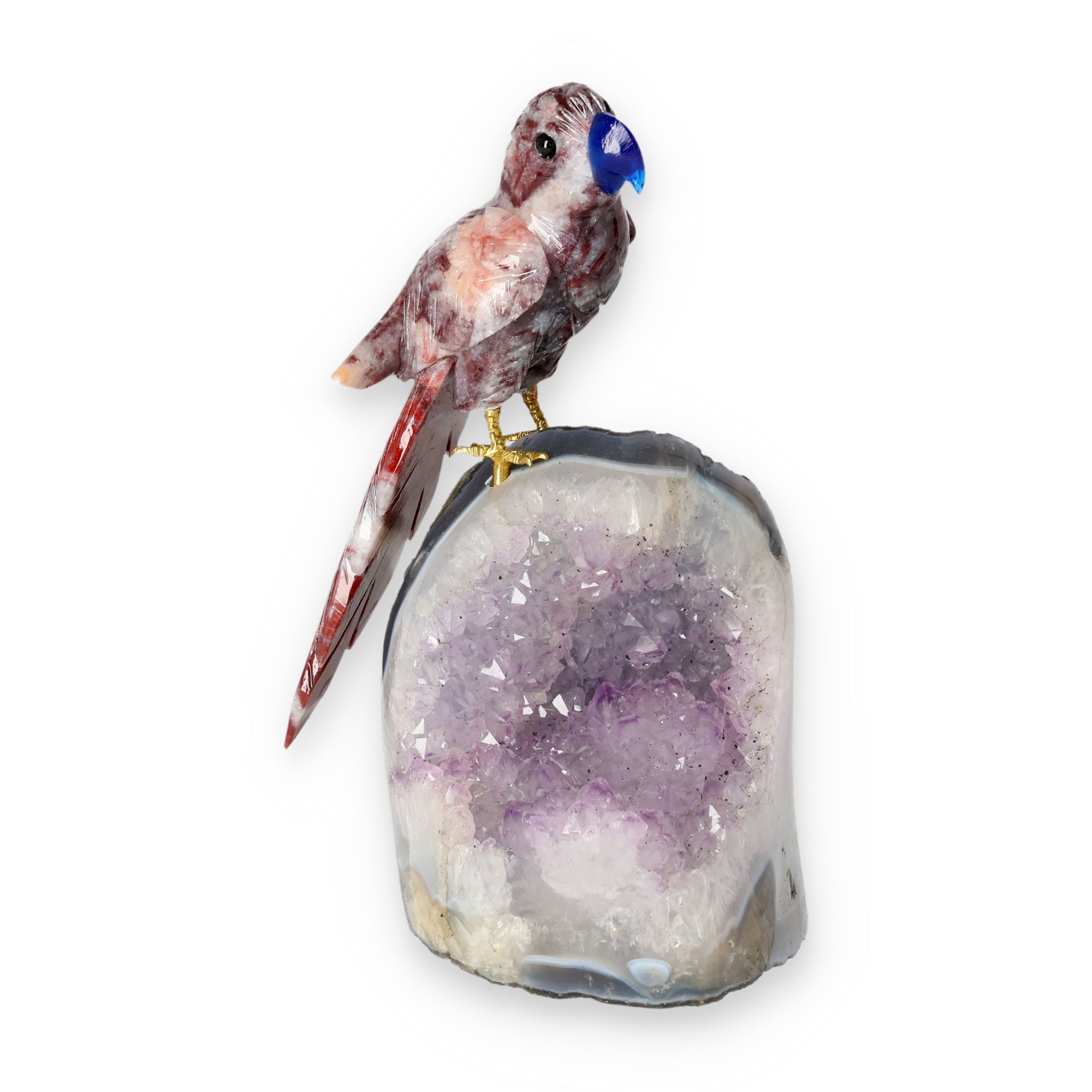 Amethyst-, Bergkristall- oder Achatstein aus Brasilien mit handgearbeiteten Vogelminiaturen aus verschiedenen Natursteinen.