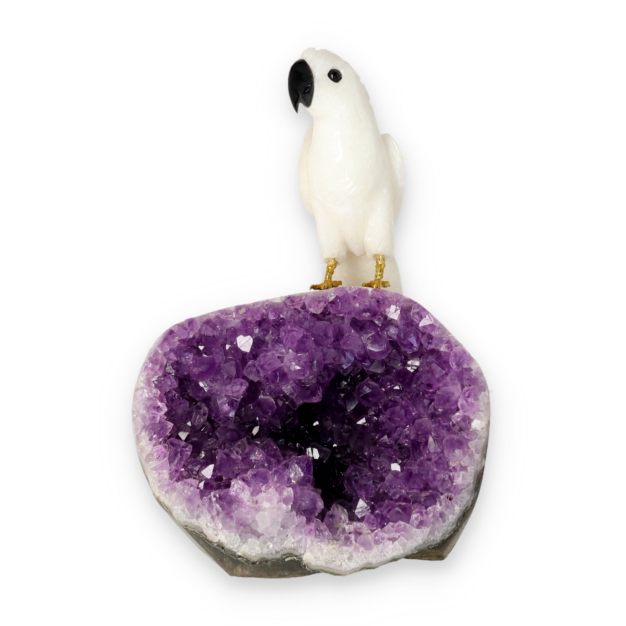 Amethyst-, Bergkristall- oder Achatstein aus Brasilien mit handgearbeiteten Vogelminiaturen aus verschiedenen Natursteinen.