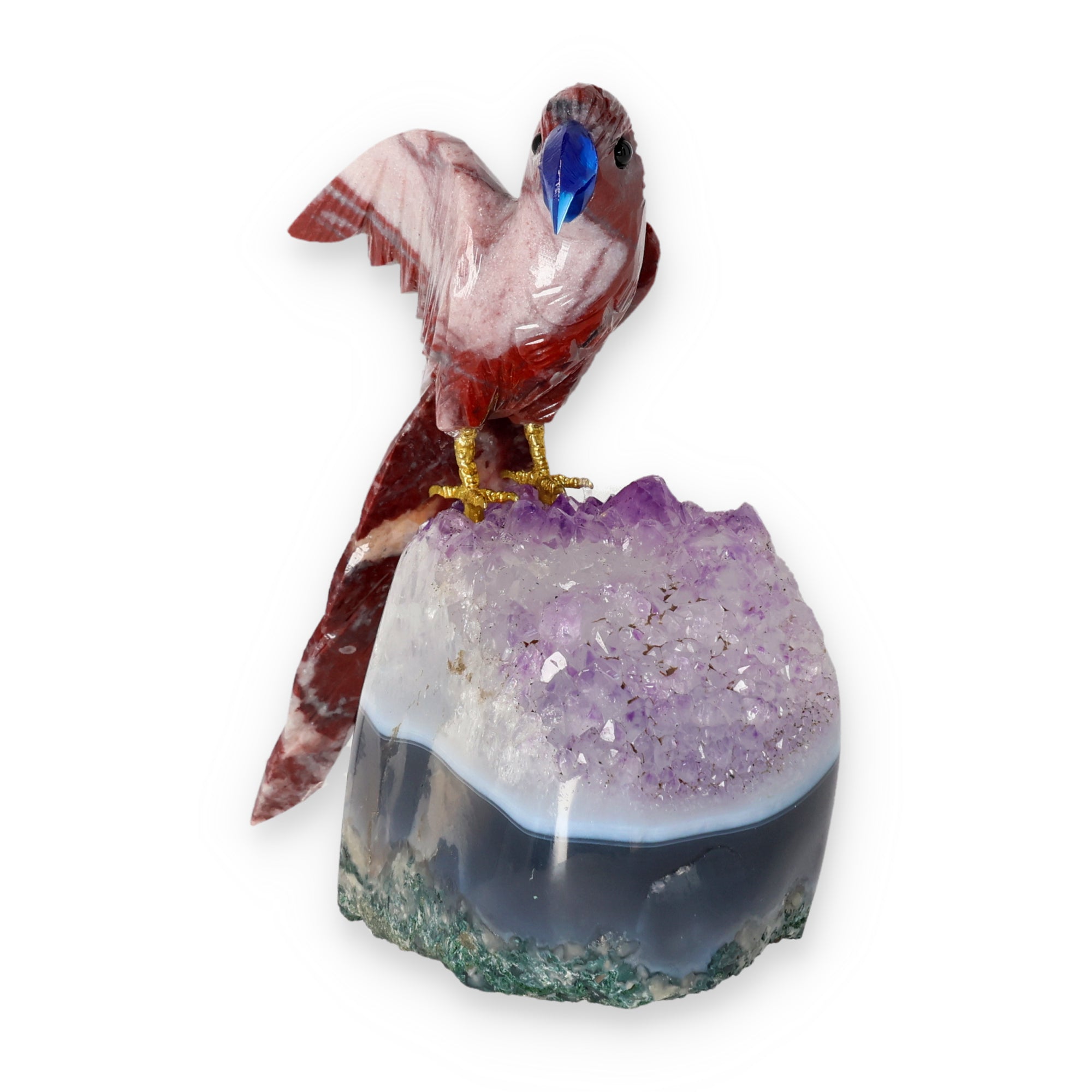 Amethyst-, Bergkristall- oder Achatstein aus Brasilien mit handgearbeiteten Vogelminiaturen aus verschiedenen Natursteinen.