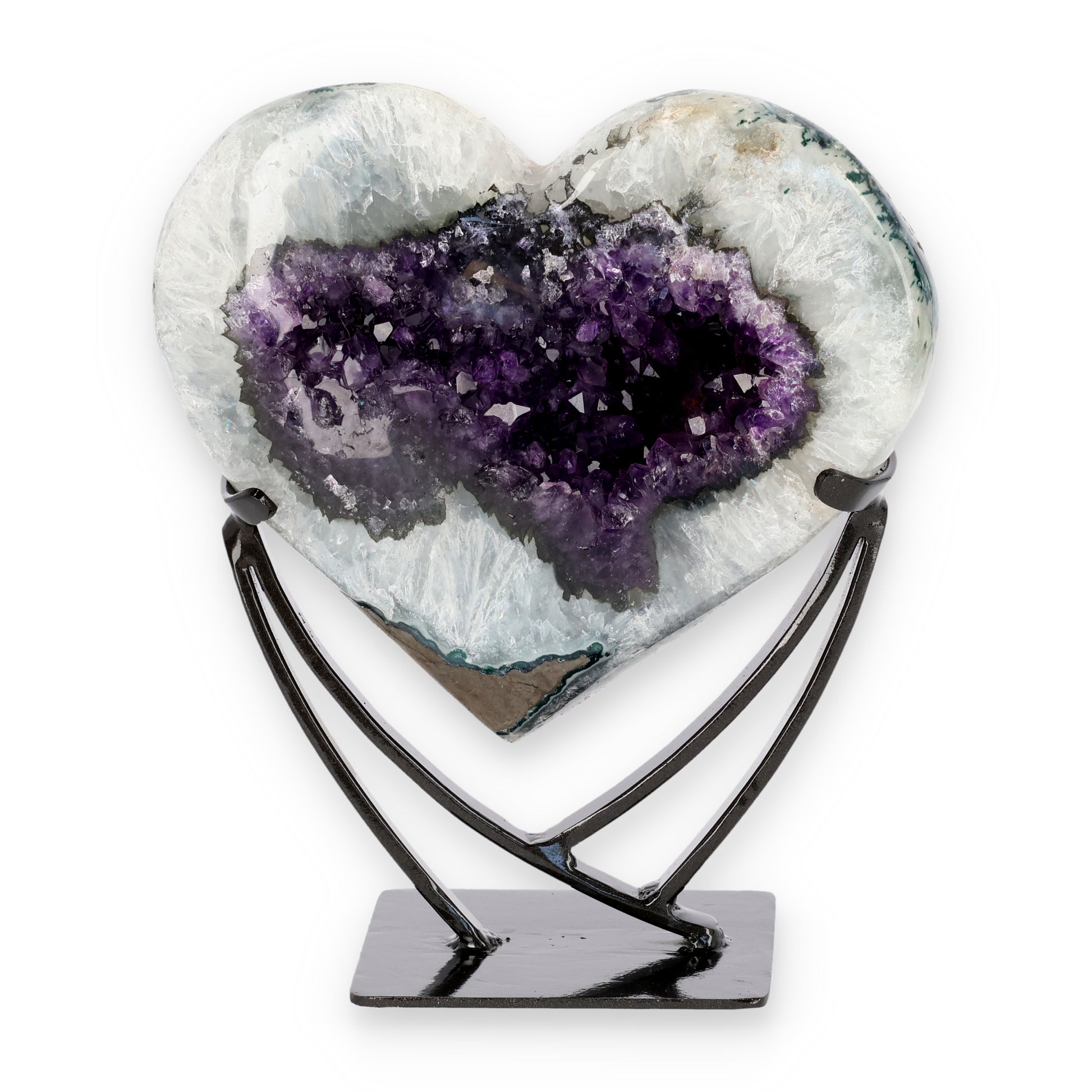Poliertes Amethyst - Herz aus Brasilien mit einzigartigen Metall Ständer