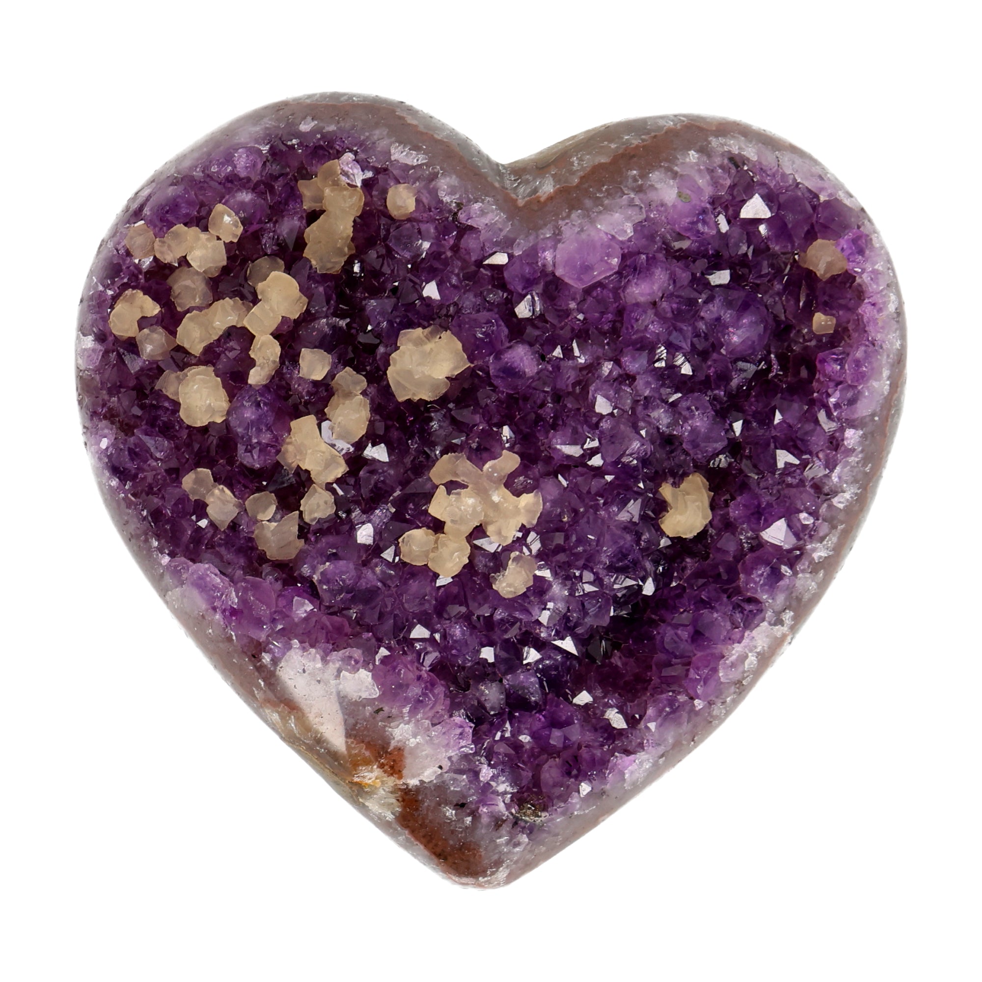 Poliertes Amethyst - Herz aus Uruguay mit natürlicher Kristalldruse und weißen Calcitkristallen im inneren.