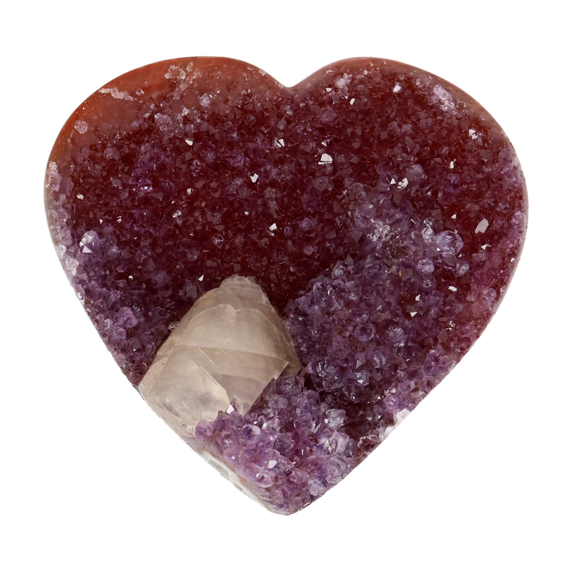 Poliertes Amethyst - Herz aus Uruguay mit natürlicher Kristalldruse und weißen Calcitkristallen im inneren.